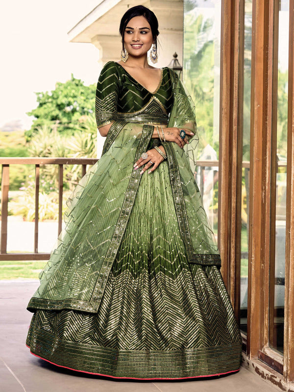 Jyoti Fashion Women's Green Chinon Sequins Thread Embroidered Lehenga Choli & Dupatta - Distacart