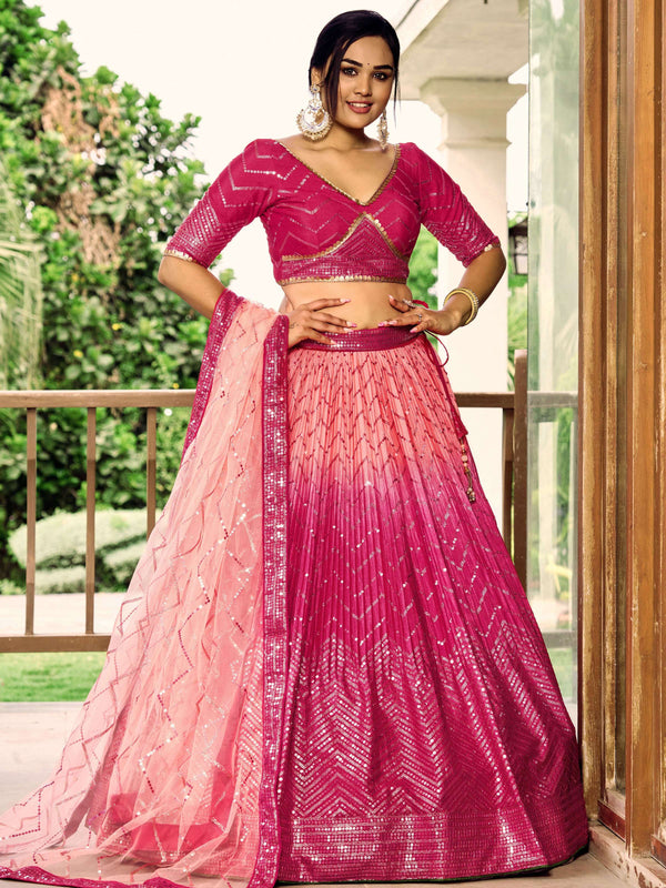 Jyoti Fashion Women's Pink Chinon Sequins Thread Embroidered Lehenga Choli & Dupatta - Distacart
