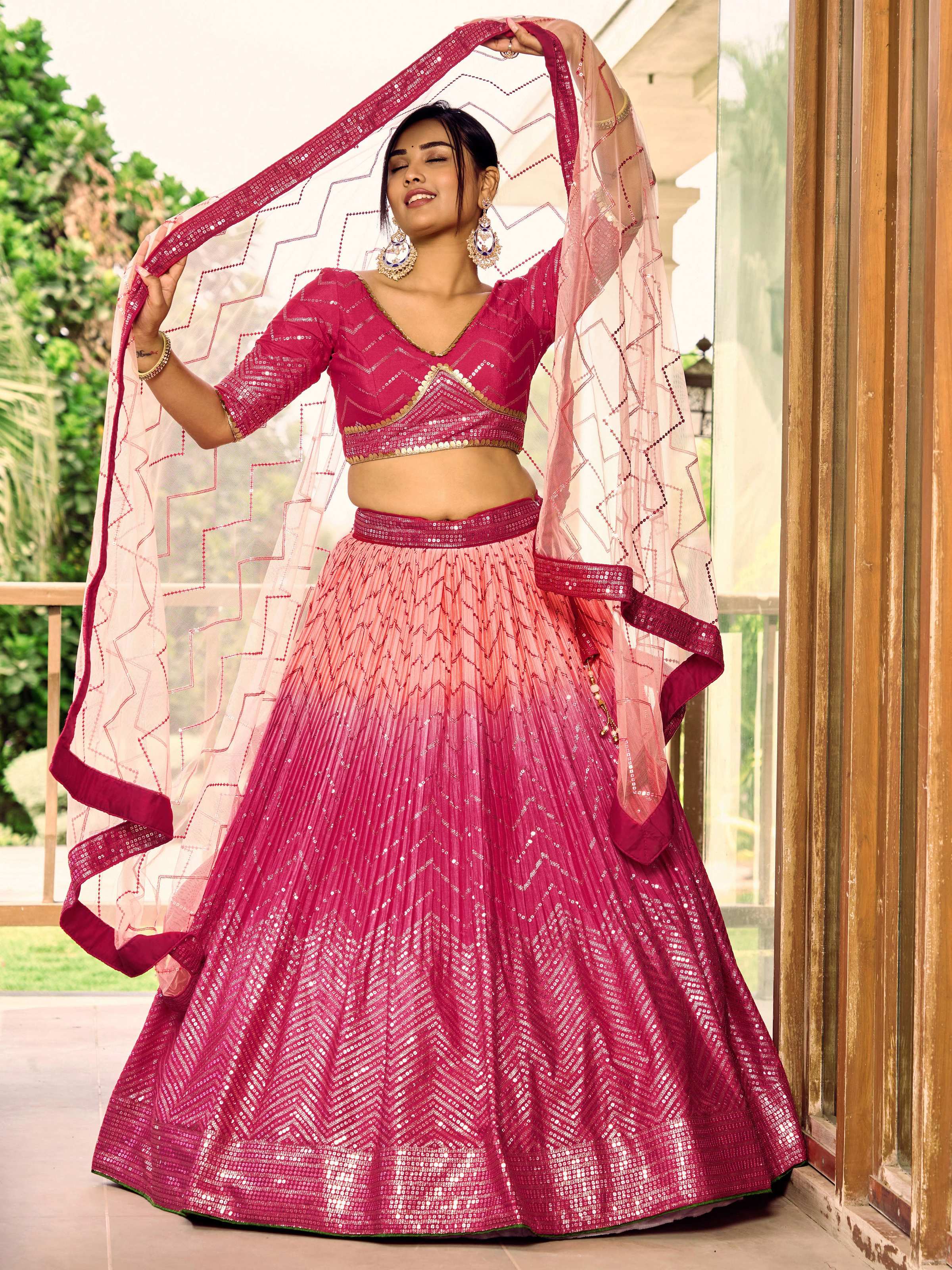 Jyoti Fashion Women's Pink Chinon Sequins Thread Embroidered Lehenga Choli & Dupatta - Distacart
