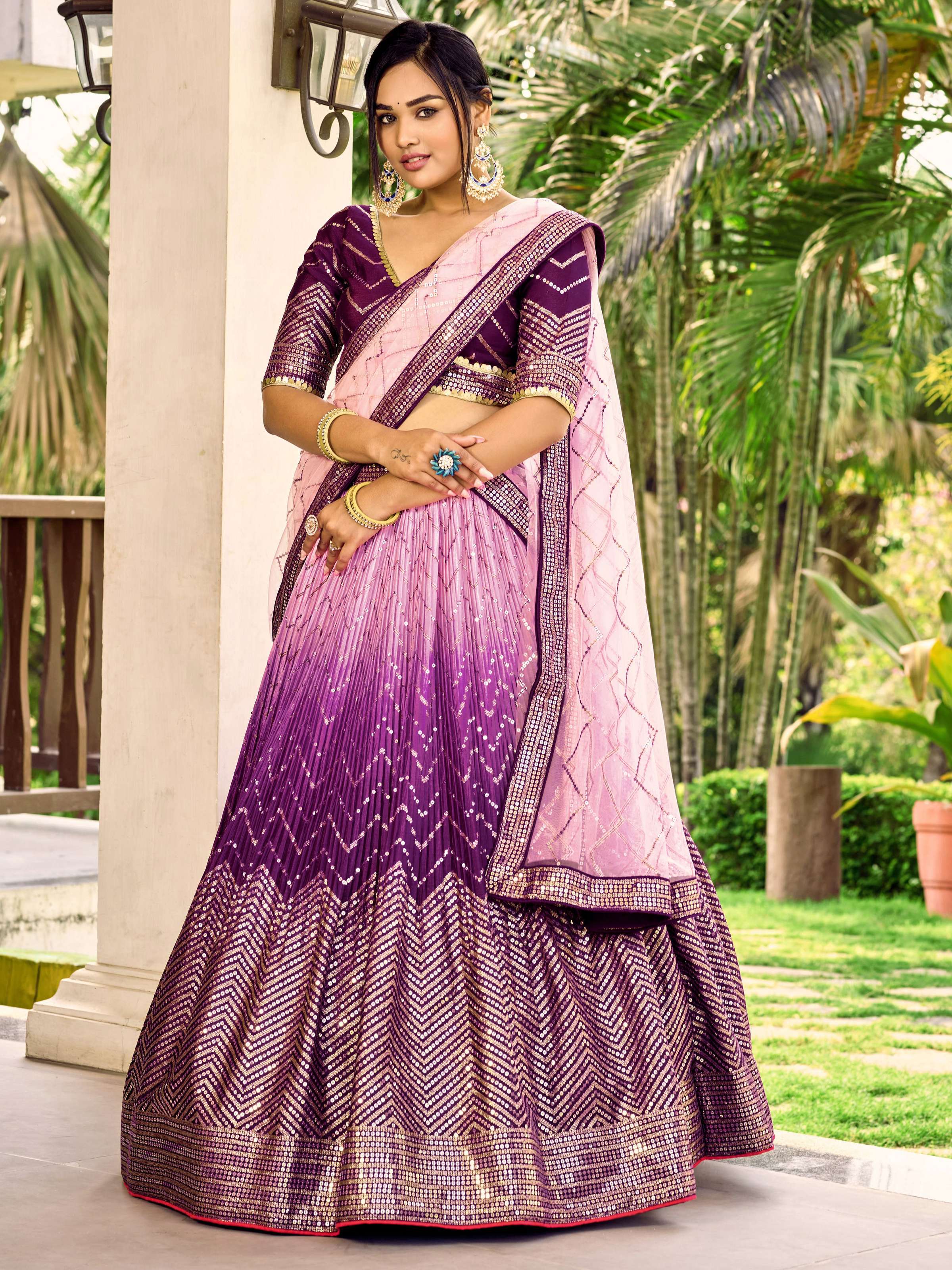Jyoti Fashion Women's Purple Chinon Sequins Thread Embroidered Lehenga Choli & Dupatta - Distacart