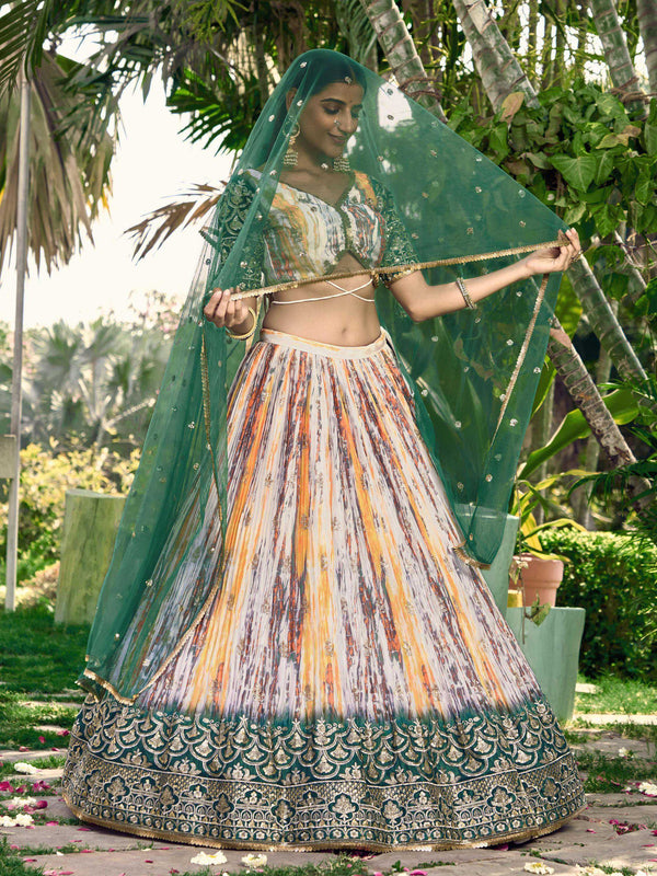 Jyoti Fashion Women's Green Chinon Digital Print with Sequins Zari Embroidered Lehenga Choli & Dupatta - Distacart