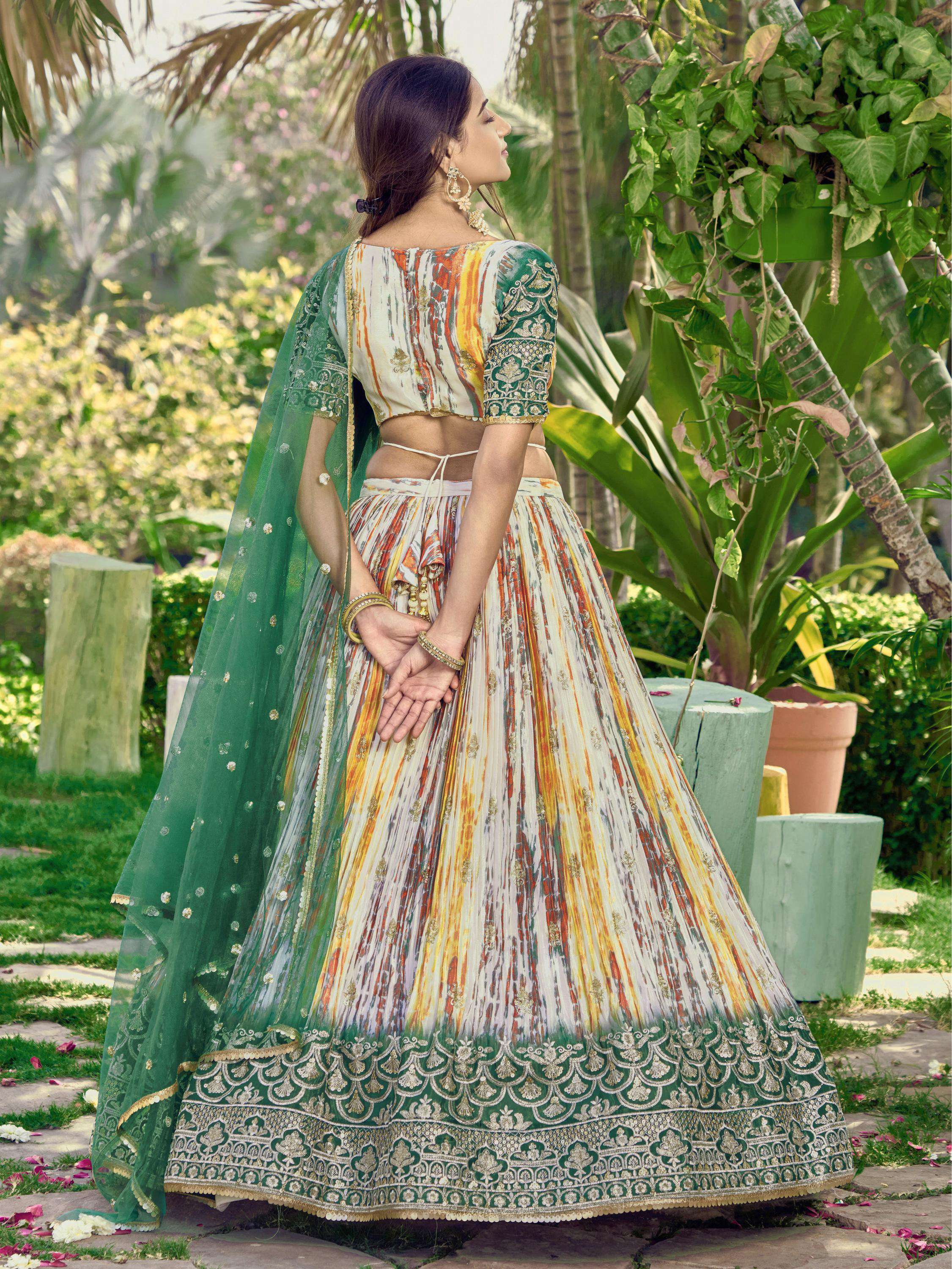 Jyoti Fashion Women's Green Chinon Digital Print with Sequins Zari Embroidered Lehenga Choli & Dupatta - Distacart