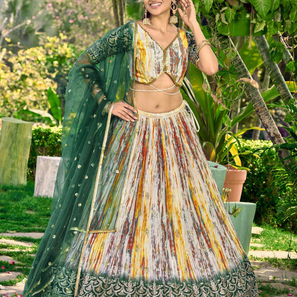 Jyoti Fashion Women's Green Chinon Digital Print with Sequins Zari Embroidered Lehenga Choli & Dupatta - Distacart
