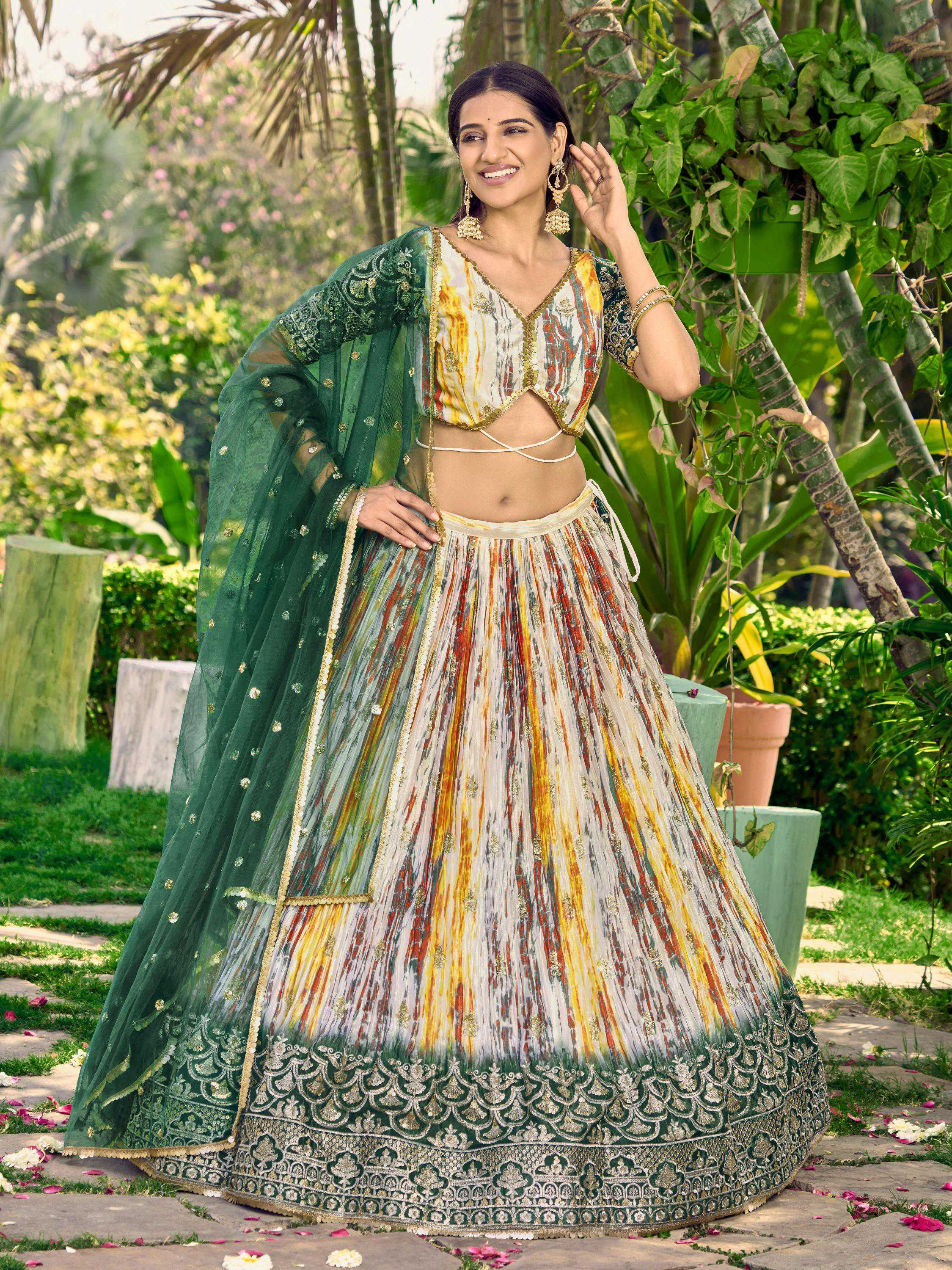 Jyoti Fashion Women's Green Chinon Digital Print with Sequins Zari Embroidered Lehenga Choli & Dupatta - Distacart
