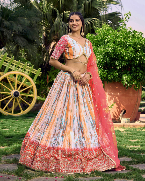Jyoti Fashion Women's Pink Chinon Digital Print with Sequins Zari Embroidered Lehenga Choli & Dupatta - Distacart