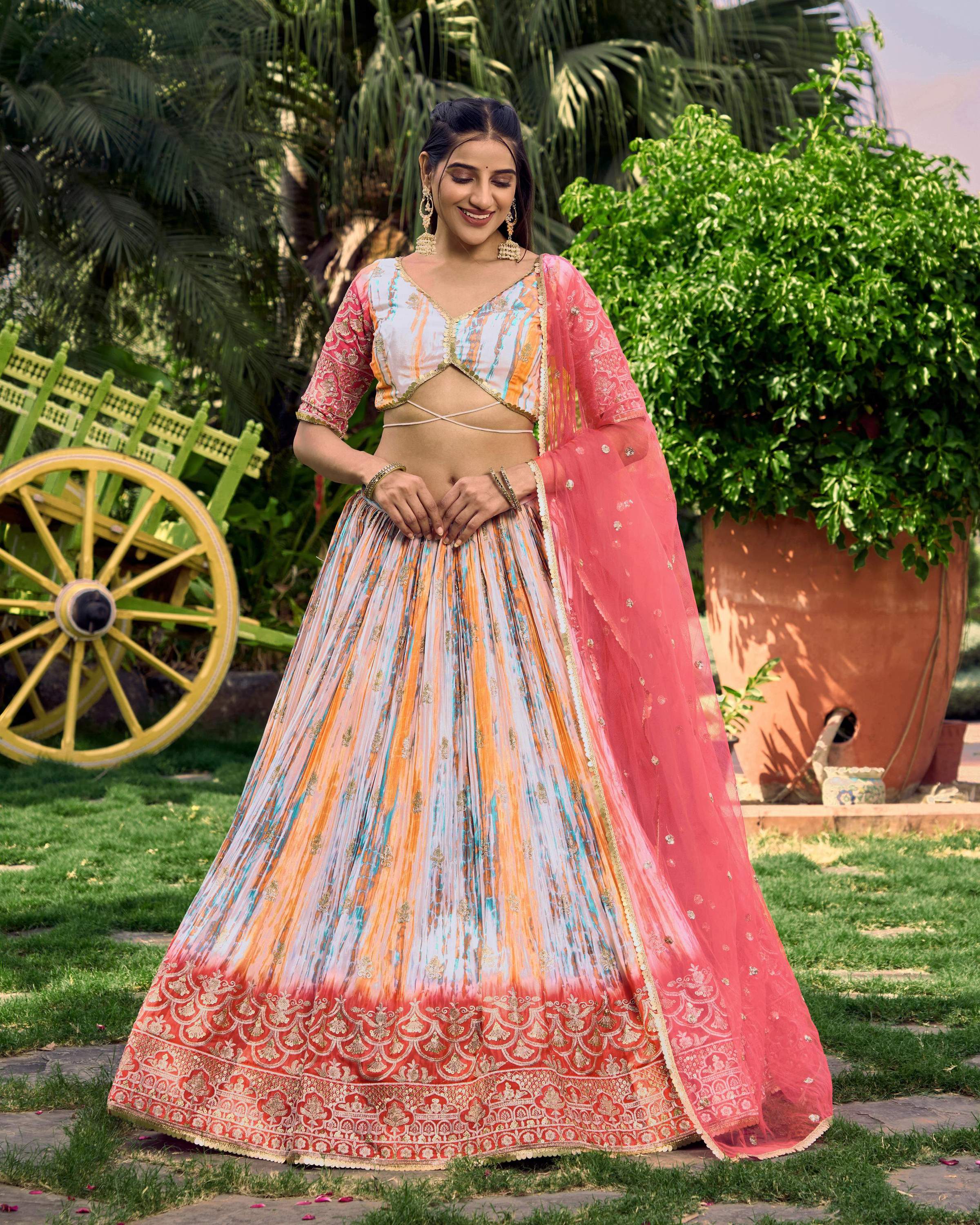 Jyoti Fashion Women's Pink Chinon Digital Print with Sequins Zari Embroidered Lehenga Choli & Dupatta - Distacart