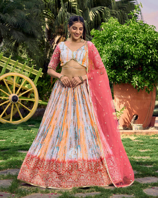 Jyoti Fashion Women's Pink Chinon Digital Print with Sequins Zari Embroidered Lehenga Choli & Dupatta - Distacart