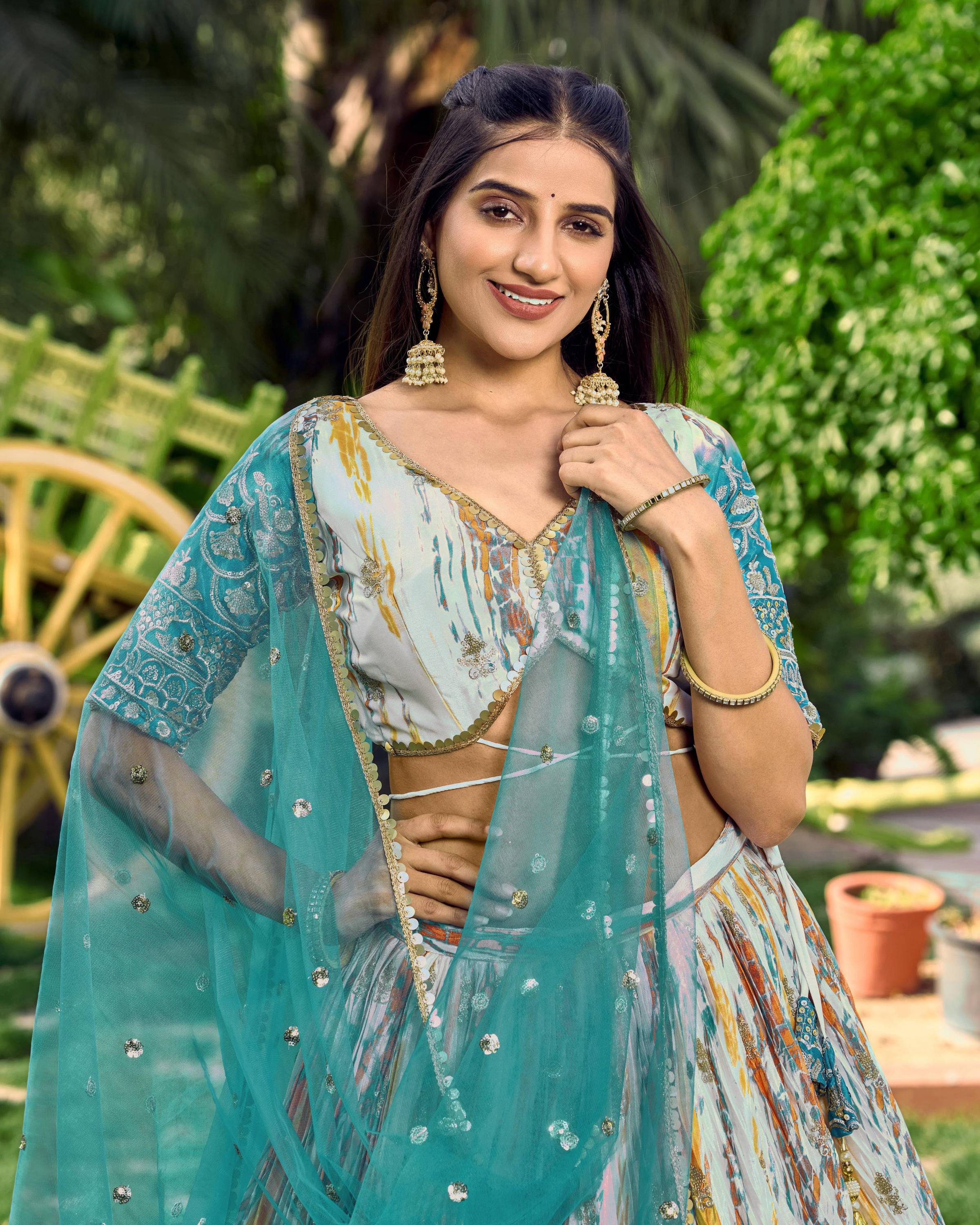 Jyoti Fashion Women's Rama Chinon Digital Print with Sequins Zari Embroidered Lehenga Choli & Dupatta - Distacart
