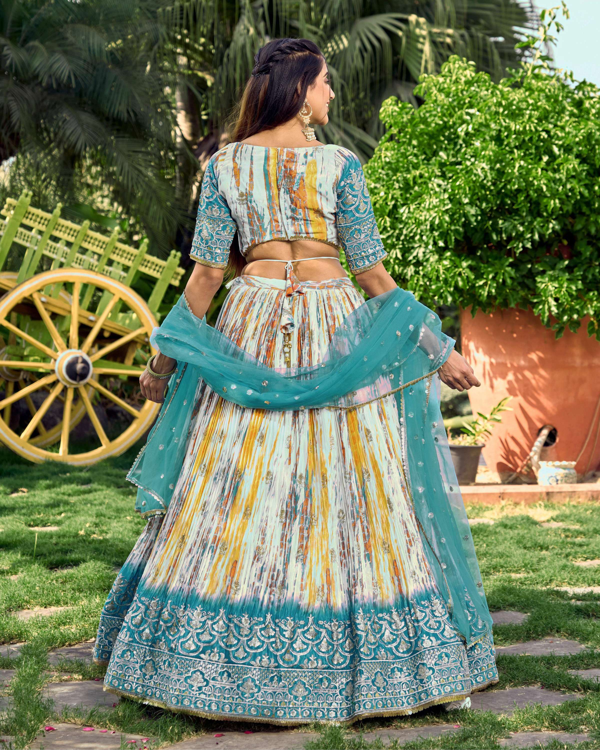 Jyoti Fashion Women's Rama Chinon Digital Print with Sequins Zari Embroidered Lehenga Choli & Dupatta - Distacart