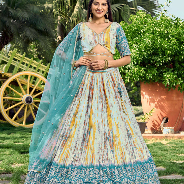 Jyoti Fashion Women's Rama Chinon Digital Print with Sequins Zari Embroidered Lehenga Choli & Dupatta - Distacart