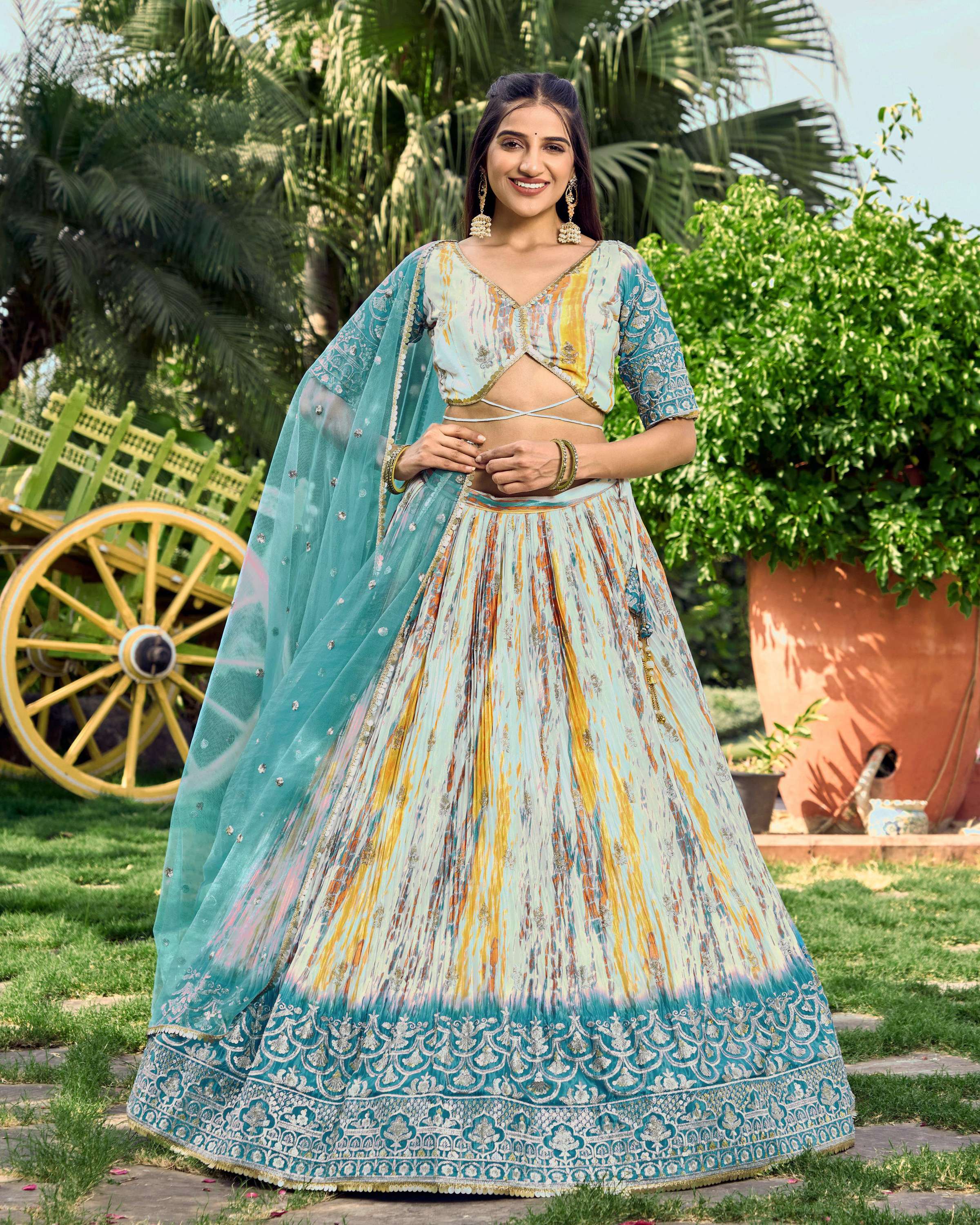 Jyoti Fashion Women's Rama Chinon Digital Print with Sequins Zari Embroidered Lehenga Choli & Dupatta - Distacart