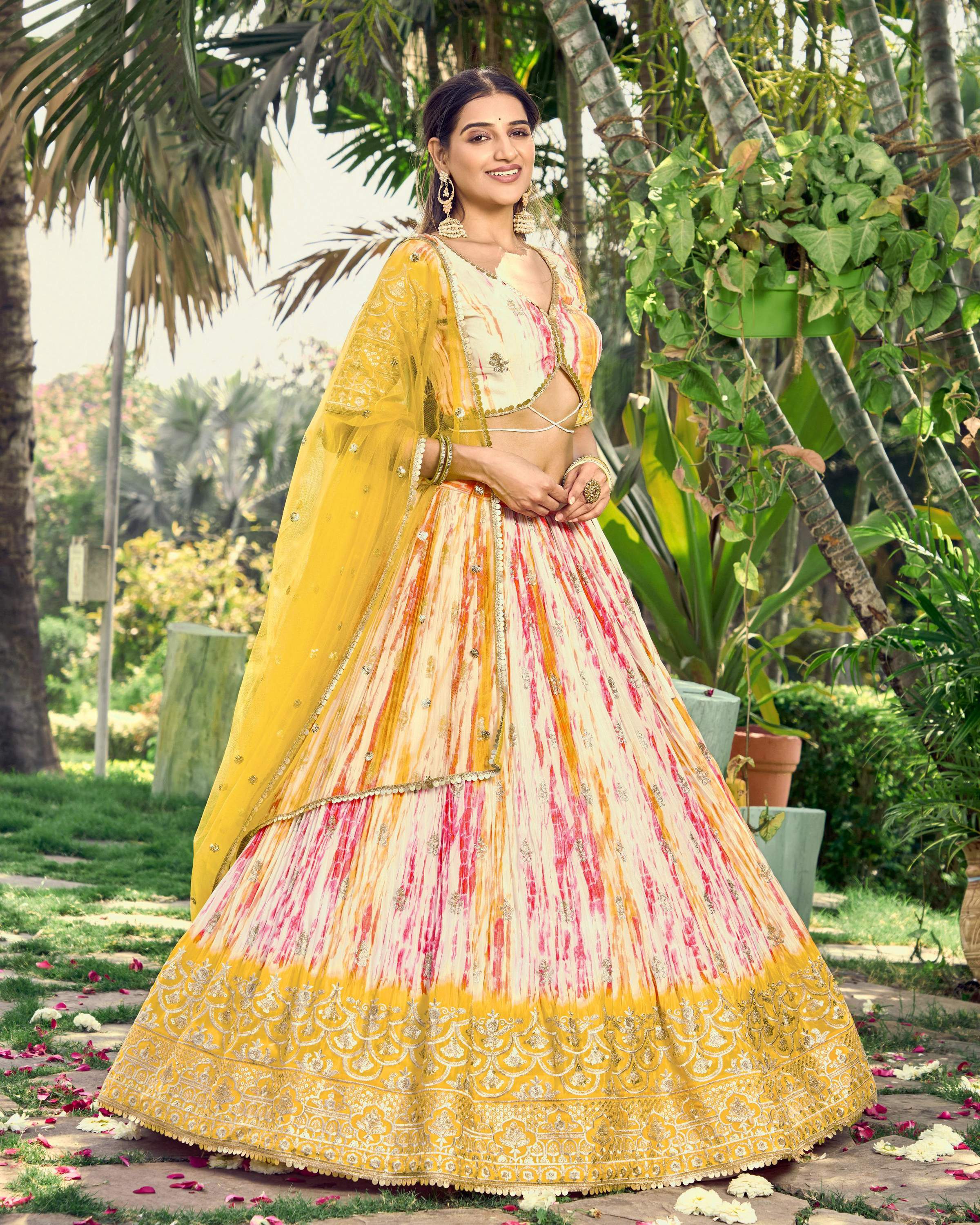 Jyoti Fashion Women's Yellow Chinon Digital Print with Sequins Zari Embroidered Lehenga Choli & Dupatta - Distacart