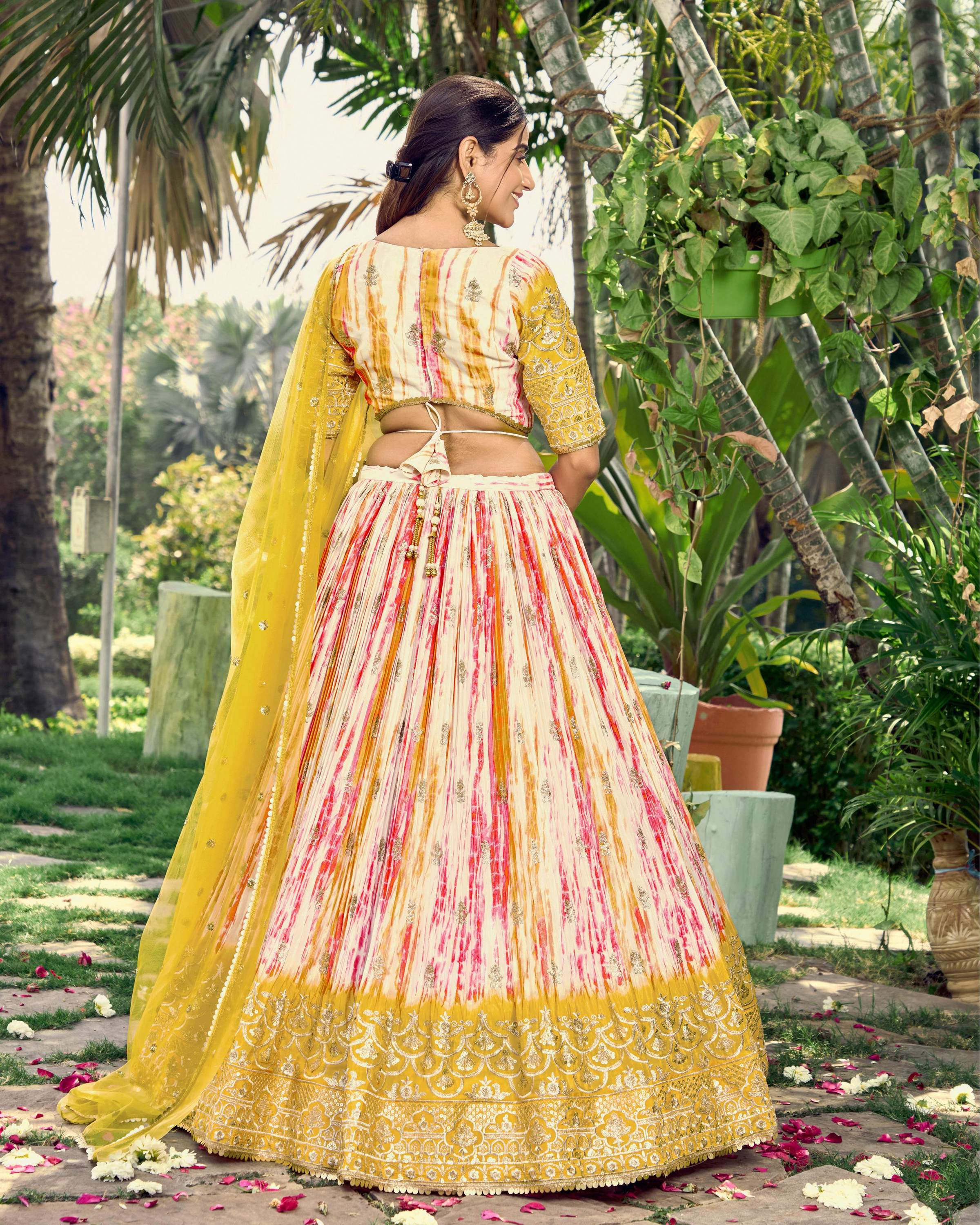 Jyoti Fashion Women's Yellow Chinon Digital Print with Sequins Zari Embroidered Lehenga Choli & Dupatta - Distacart