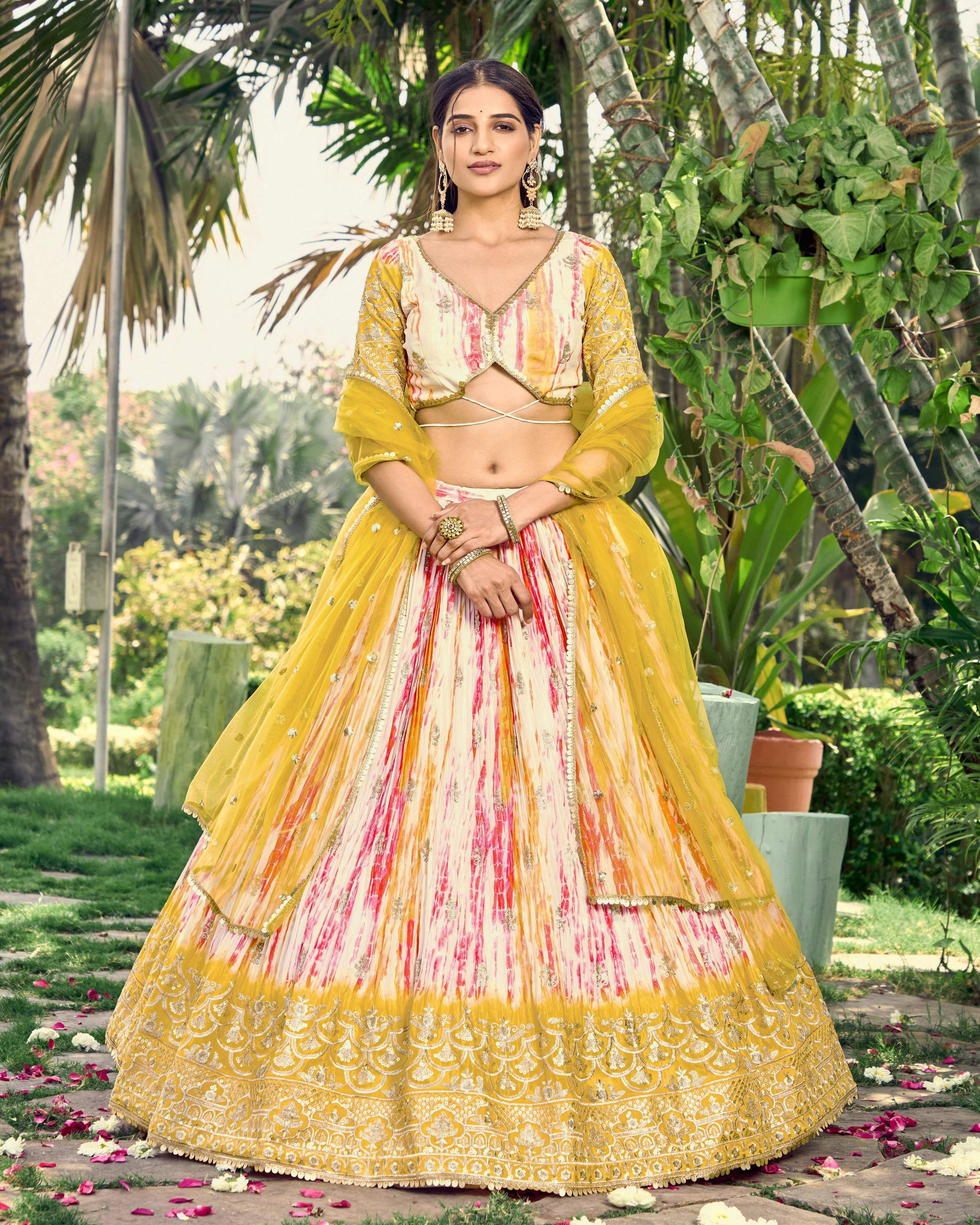 Jyoti Fashion Women's Yellow Chinon Digital Print with Sequins Zari Embroidered Lehenga Choli & Dupatta - Distacart