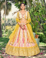 Thumbnail for Jyoti Fashion Women's Yellow Chinon Digital Print with Sequins Zari Embroidered Lehenga Choli & Dupatta - Distacart