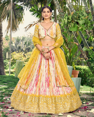 Jyoti Fashion Women's Yellow Chinon Digital Print with Sequins Zari Embroidered Lehenga Choli & Dupatta - Distacart