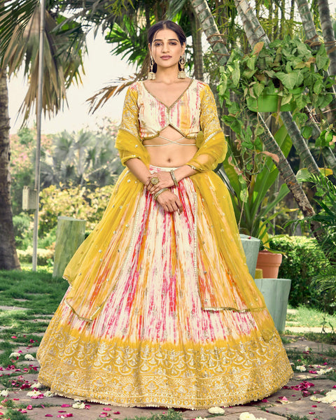 Jyoti Fashion Women's Yellow Chinon Digital Print with Sequins Zari Embroidered Lehenga Choli & Dupatta - Distacart