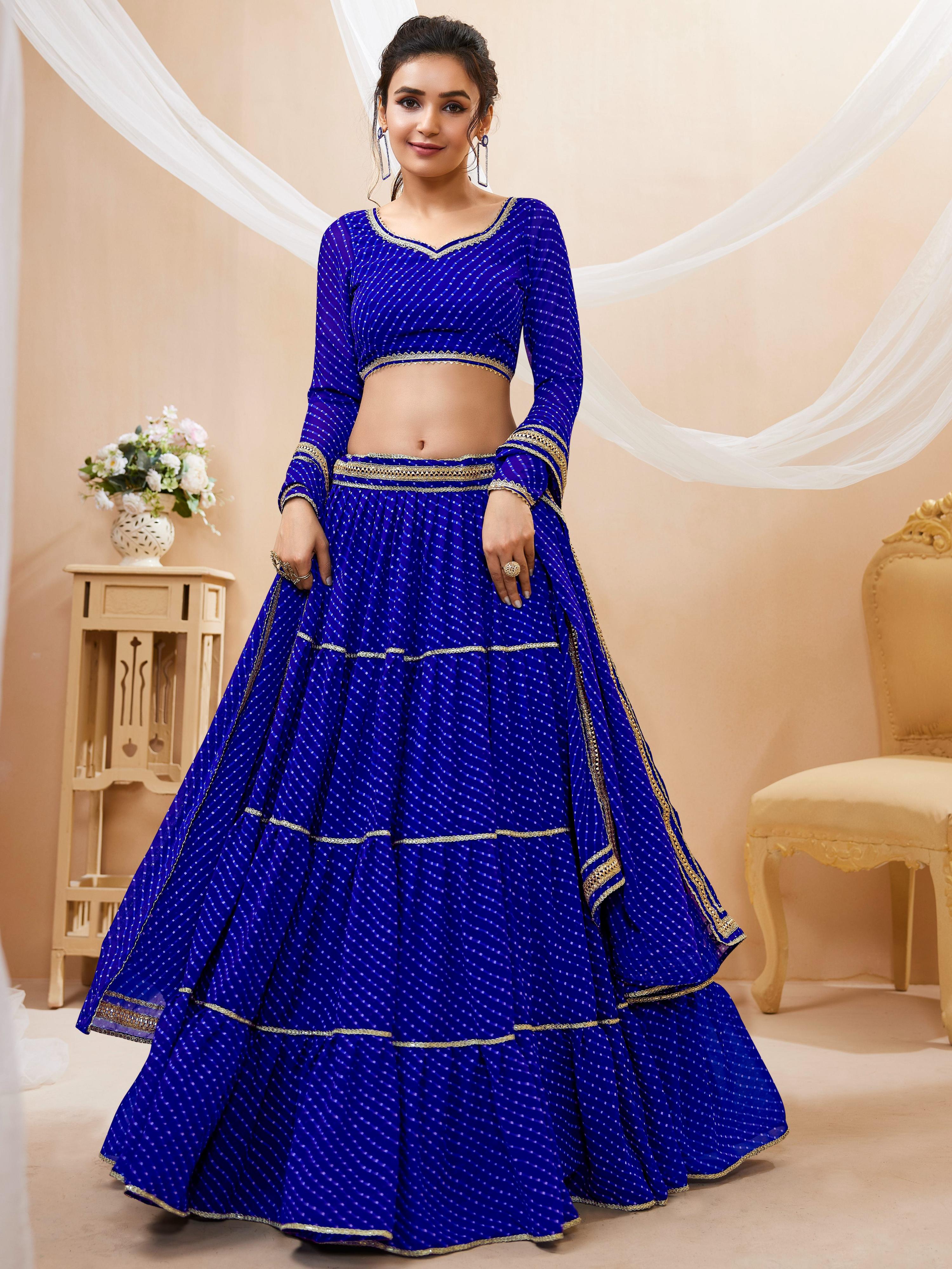 Jyoti Fashion Women's Blue Georgette Leheriya Printed with Lace Work Lehenga Choli & Dupatta - Distacart