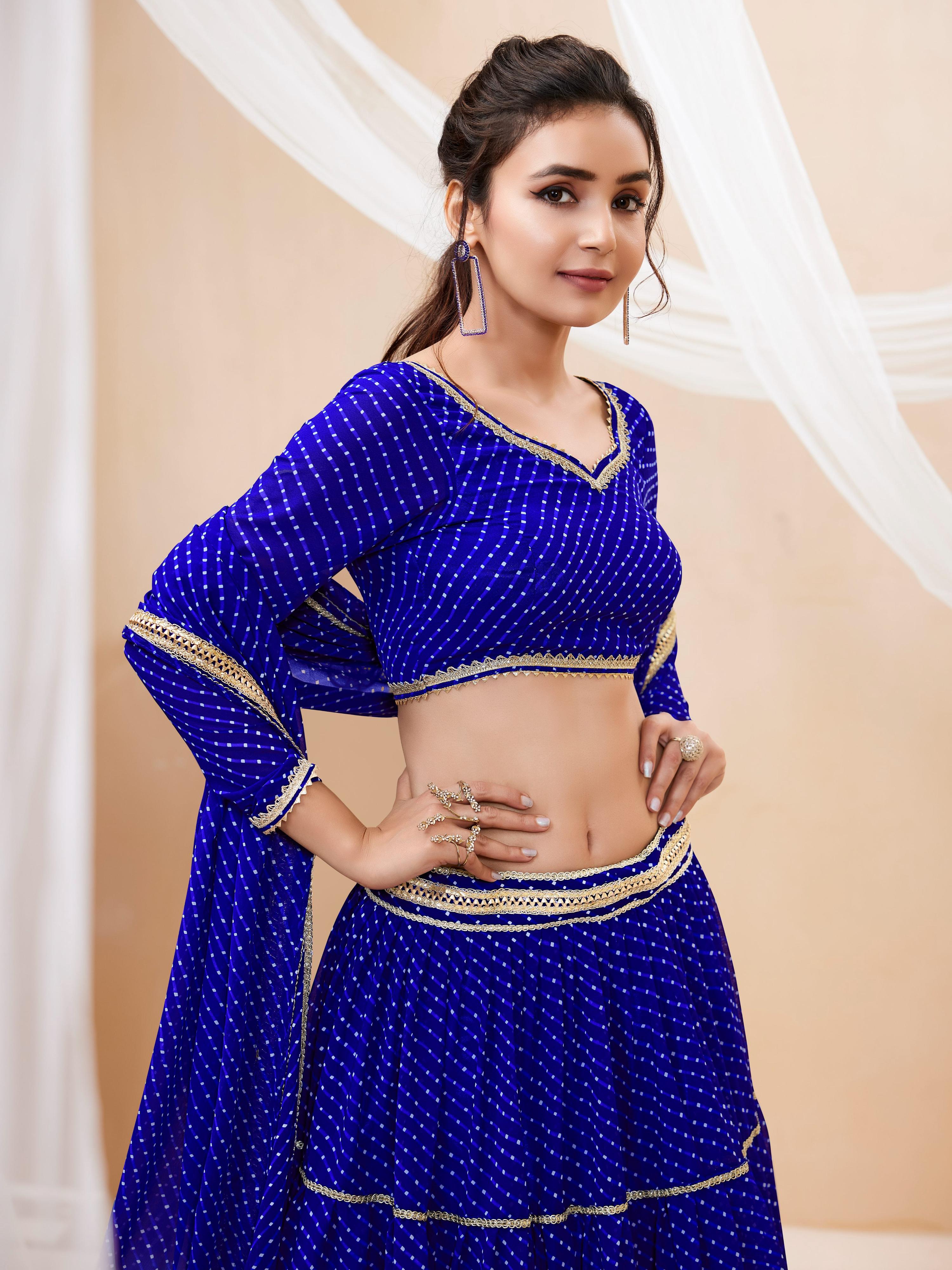 Jyoti Fashion Women's Blue Georgette Leheriya Printed with Lace Work Lehenga Choli & Dupatta - Distacart