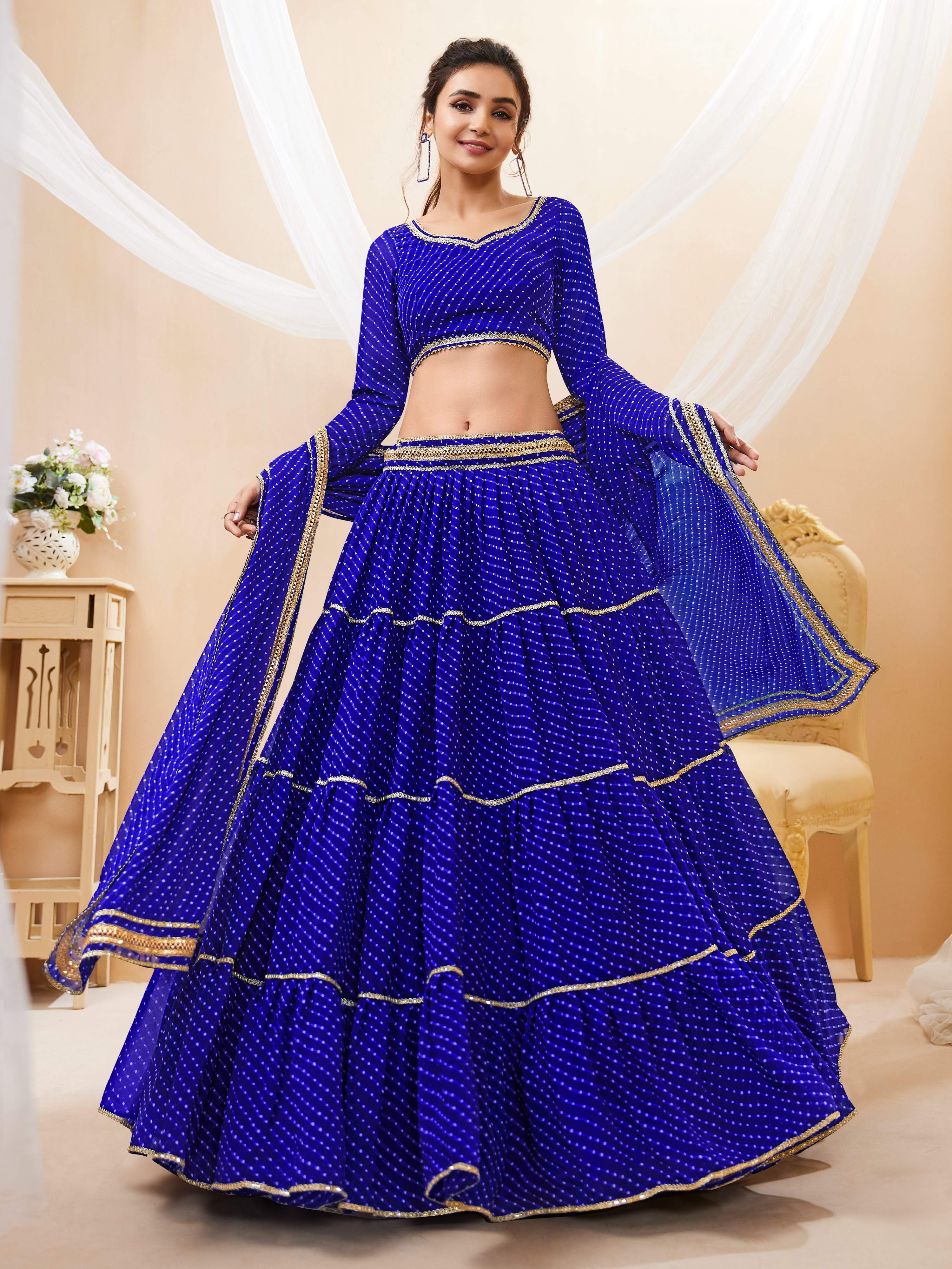 Jyoti Fashion Women's Blue Georgette Leheriya Printed with Lace Work Lehenga Choli & Dupatta - Distacart