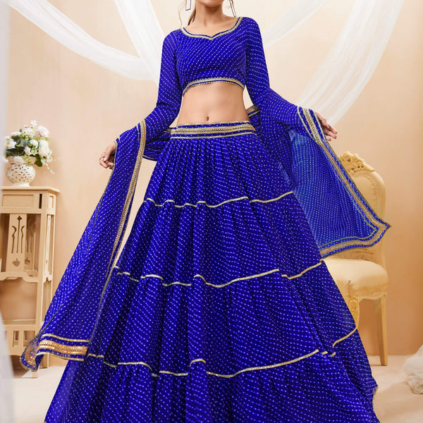 Jyoti Fashion Women's Blue Georgette Leheriya Printed with Lace Work Lehenga Choli & Dupatta - Distacart