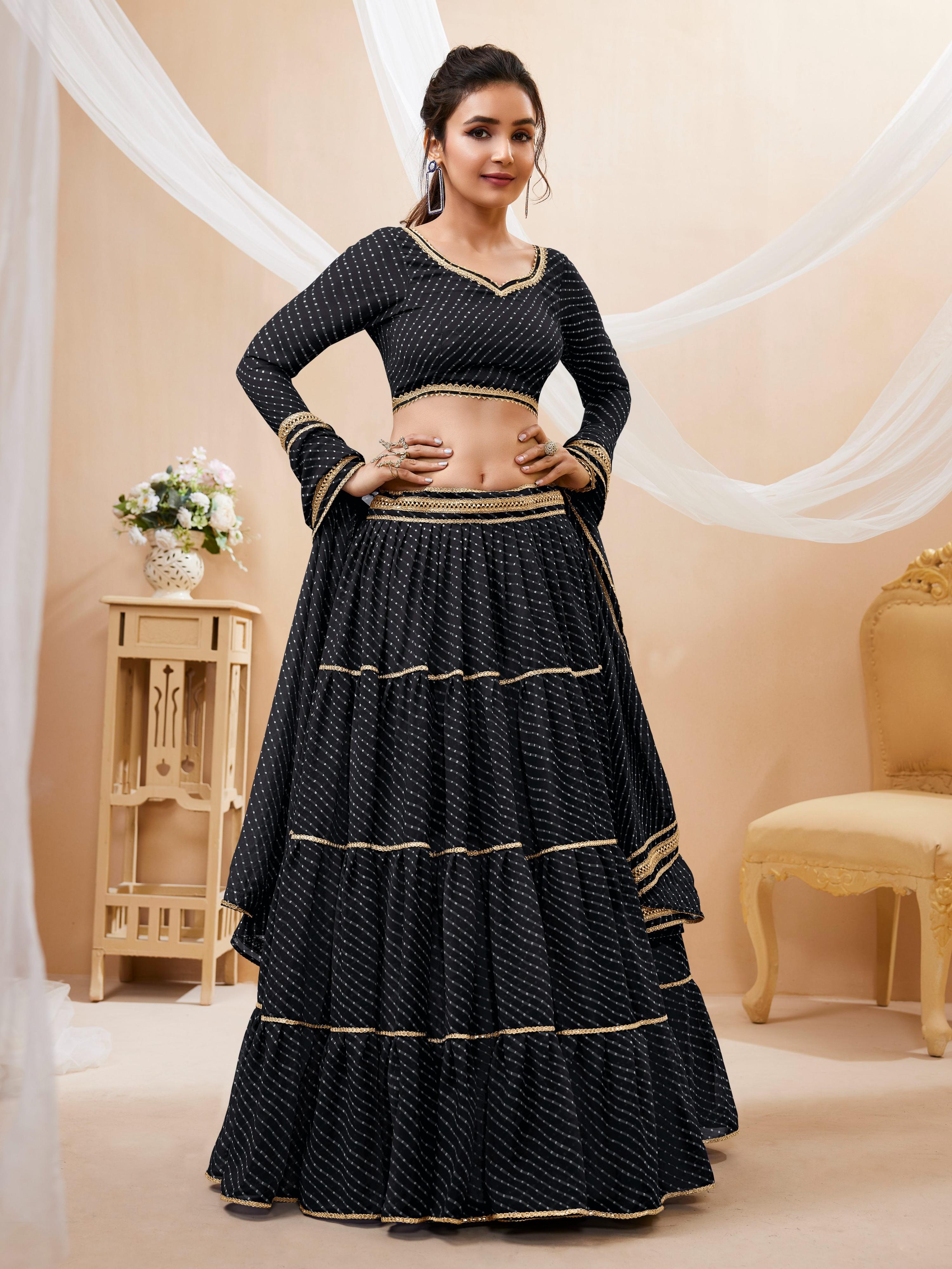 Jyoti Fashion Women's Black Georgette Leheriya Printed with Lace Work Lehenga Choli & Dupatta - Distacart