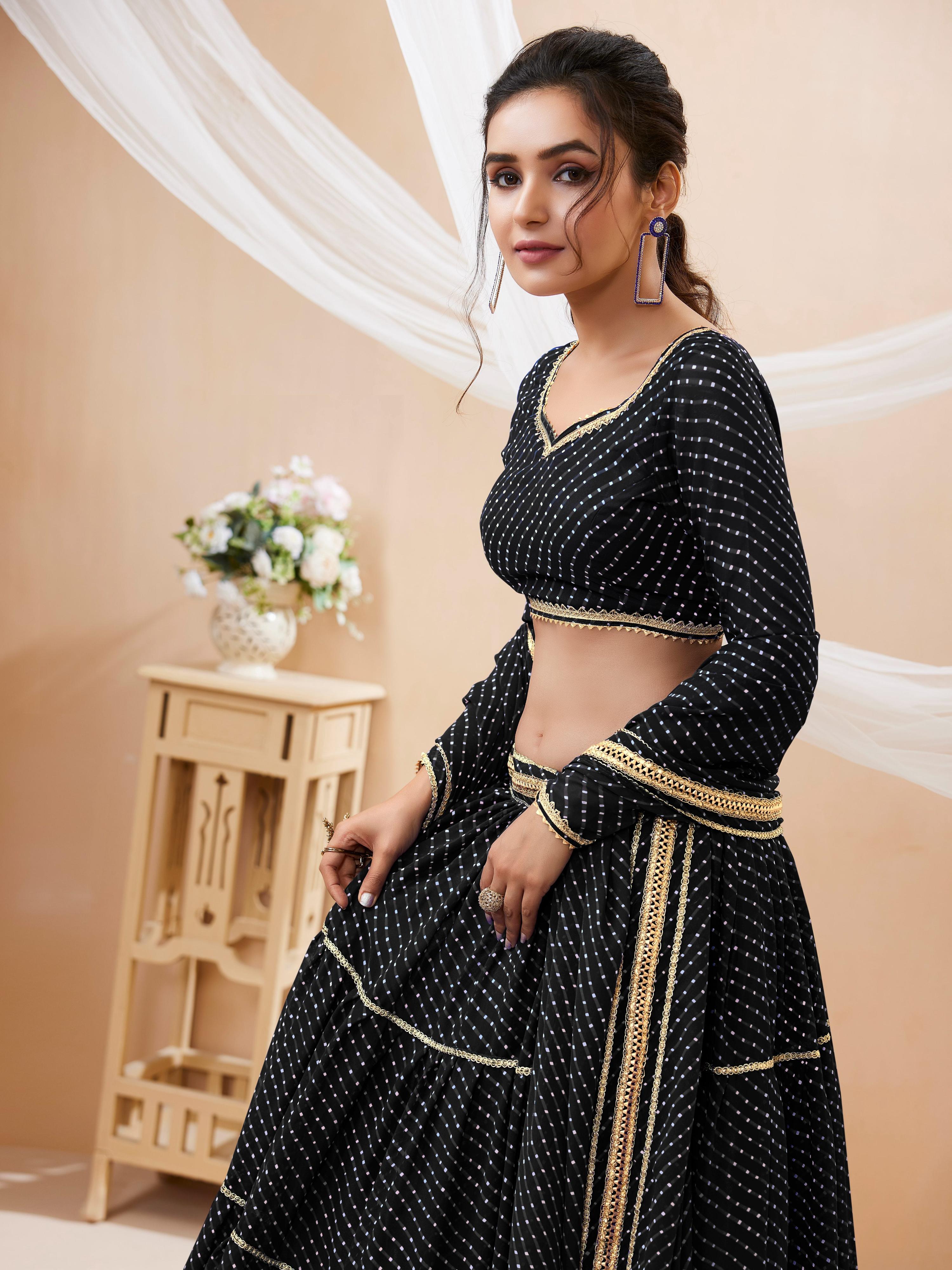 Jyoti Fashion Women's Black Georgette Leheriya Printed with Lace Work Lehenga Choli & Dupatta - Distacart