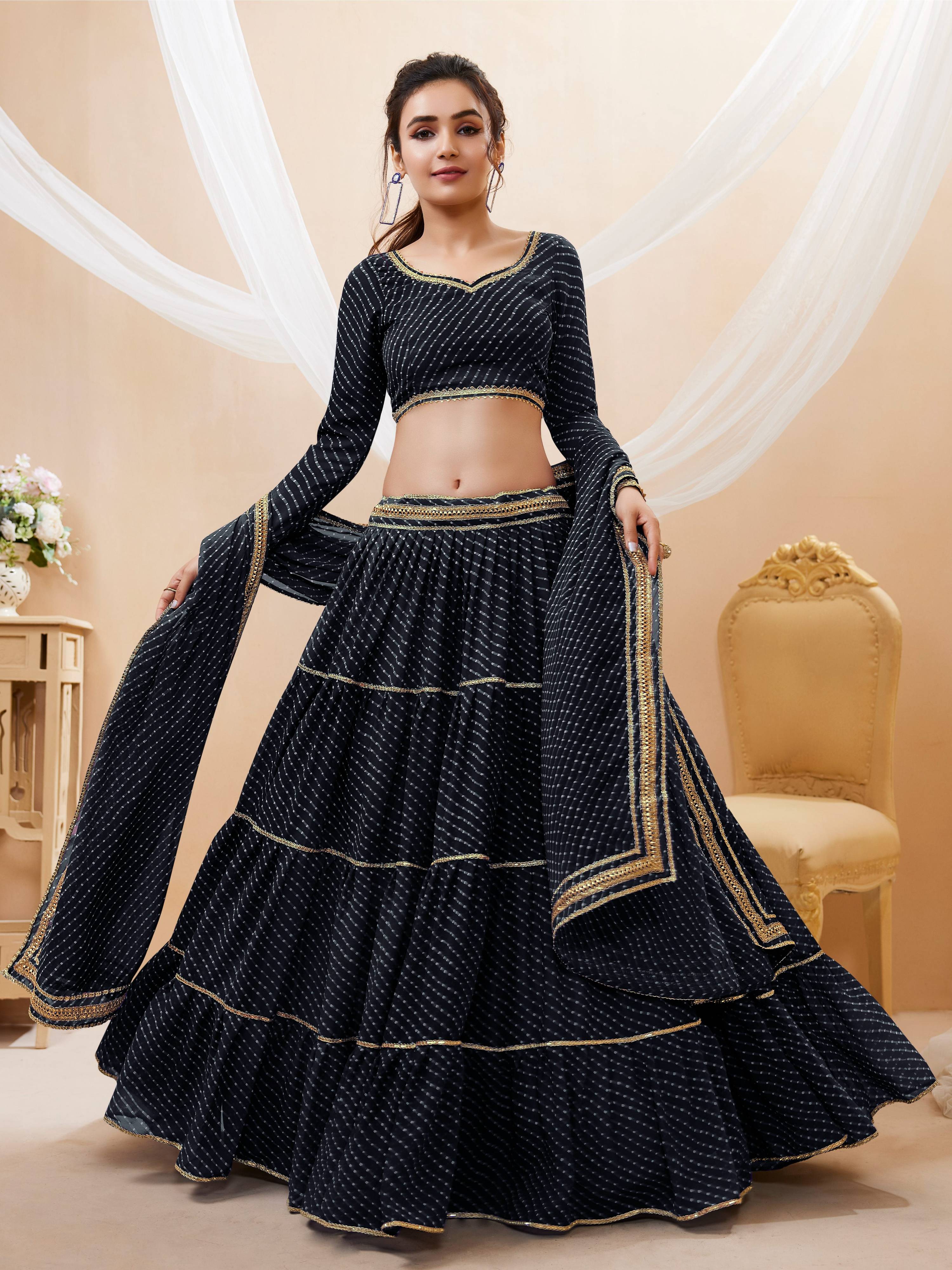 Jyoti Fashion Women's Black Georgette Leheriya Printed with Lace Work Lehenga Choli & Dupatta - Distacart