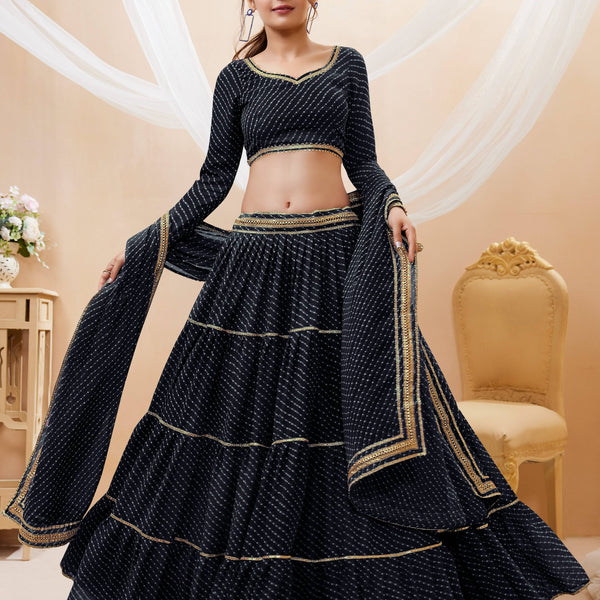 Jyoti Fashion Women's Black Georgette Leheriya Printed with Lace Work Lehenga Choli & Dupatta - Distacart