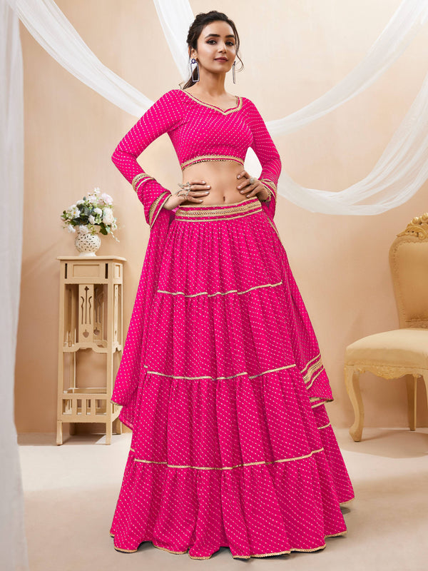 Jyoti Fashion Women's Pink Georgette Leheriya Printed with Lace Work Lehenga Choli & Dupatta - Distacart