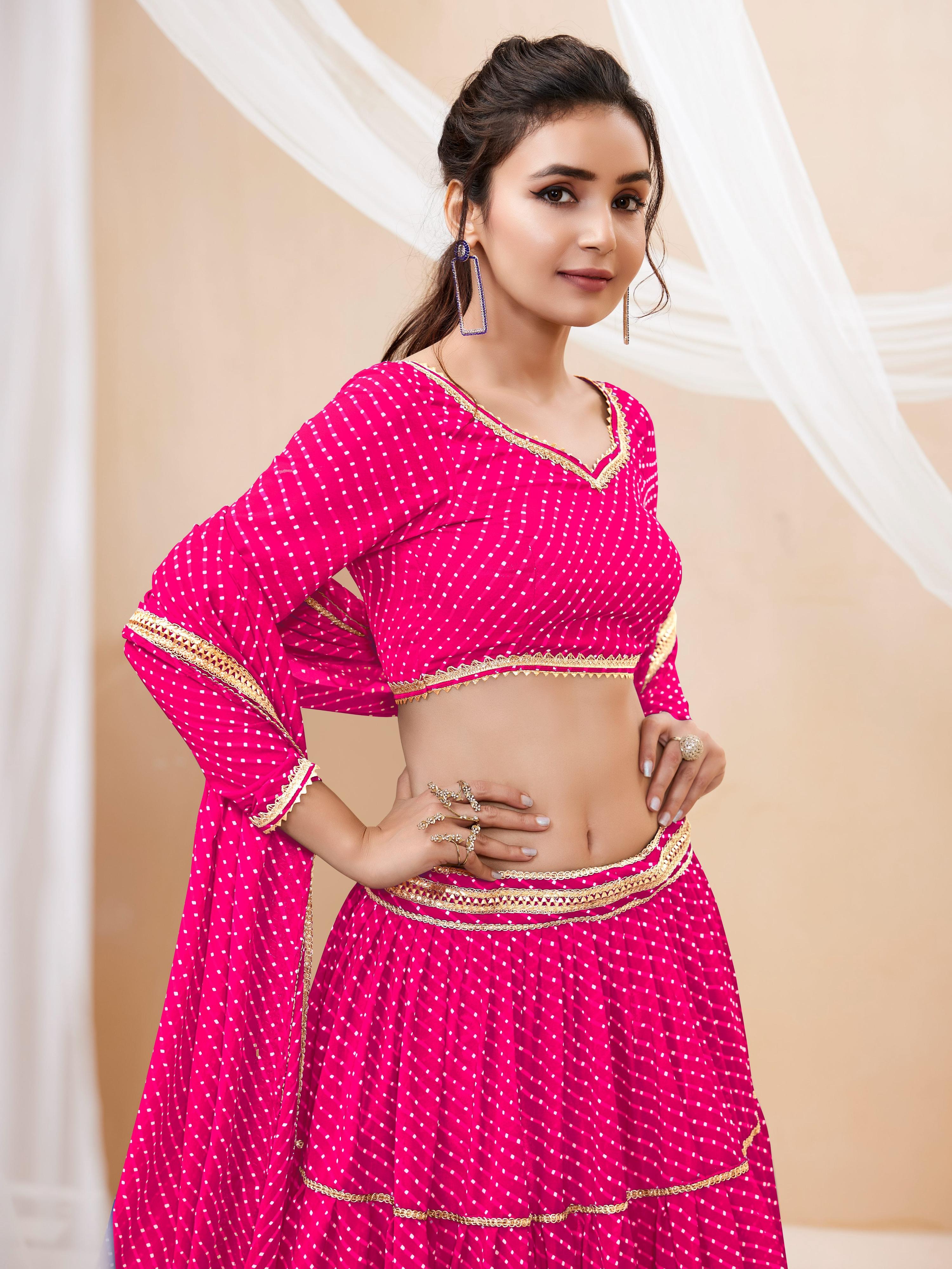 Jyoti Fashion Women's Pink Georgette Leheriya Printed with Lace Work Lehenga Choli & Dupatta - Distacart