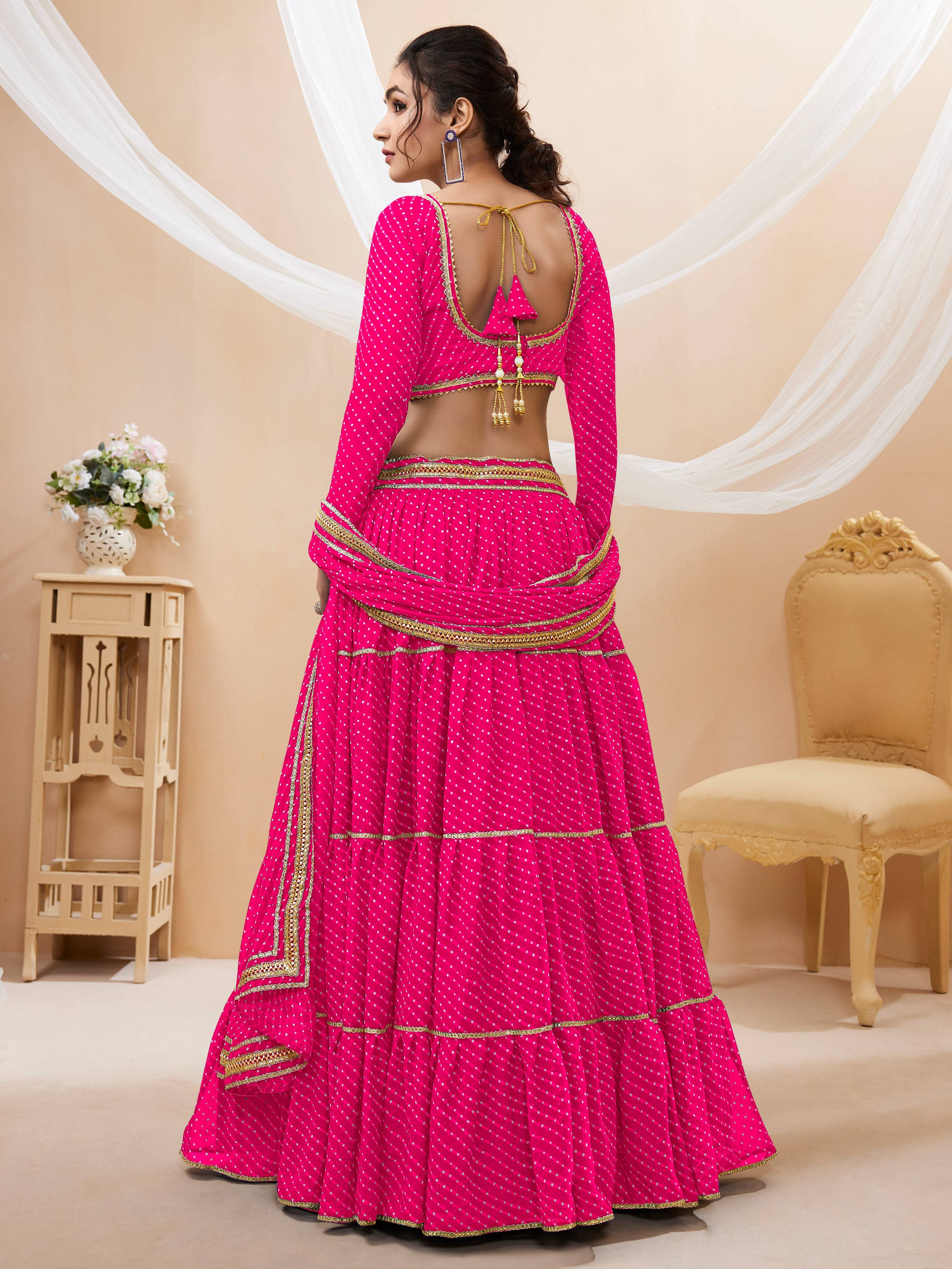 Jyoti Fashion Women's Pink Georgette Leheriya Printed with Lace Work Lehenga Choli & Dupatta - Distacart