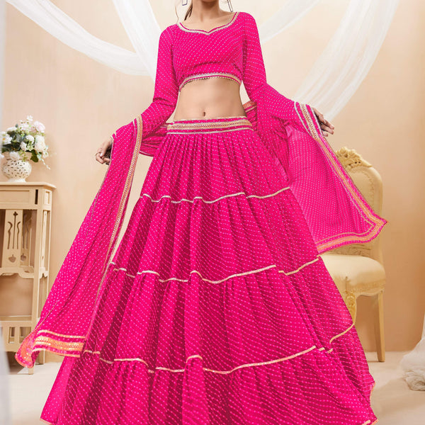 Jyoti Fashion Women's Pink Georgette Leheriya Printed with Lace Work Lehenga Choli & Dupatta - Distacart