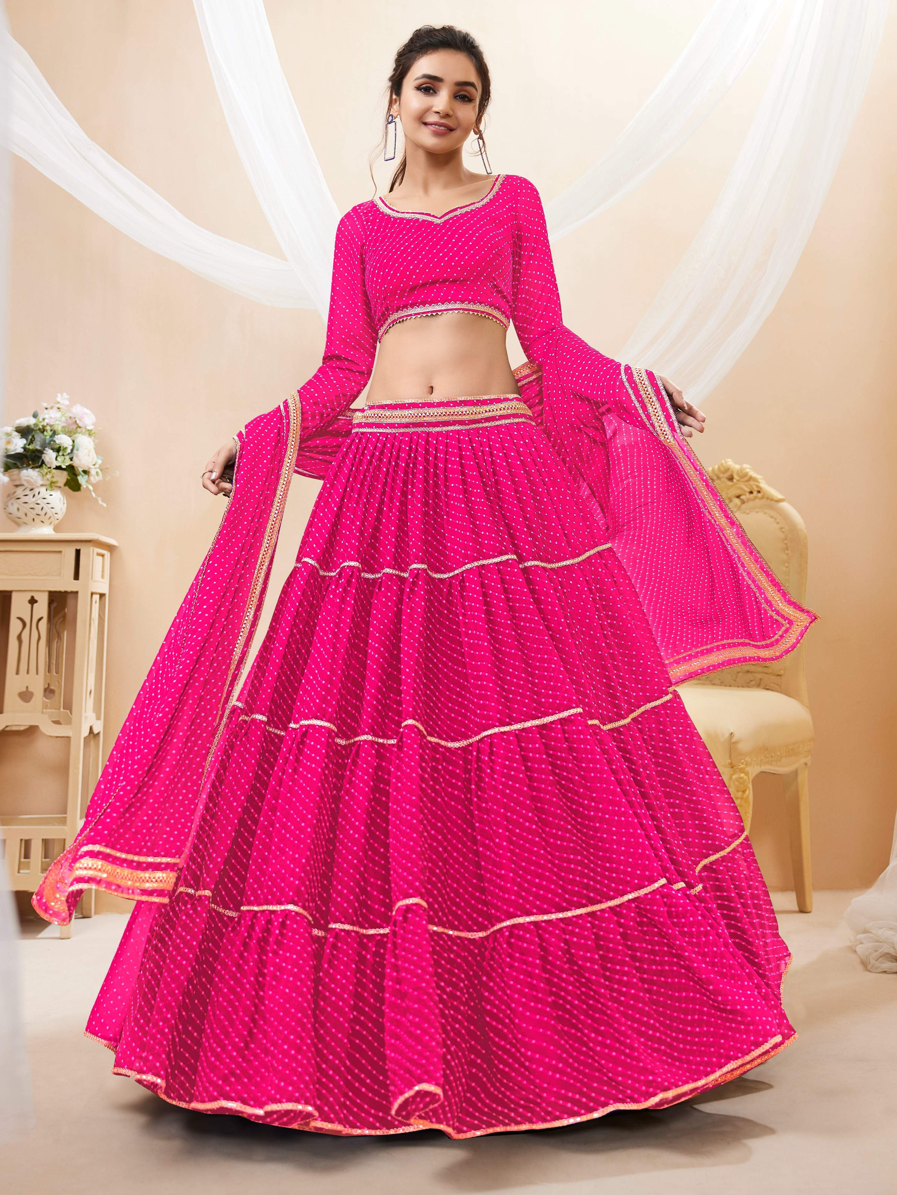 Jyoti Fashion Women's Pink Georgette Leheriya Printed with Lace Work Lehenga Choli & Dupatta - Distacart