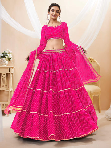 Jyoti Fashion Women's Pink Georgette Leheriya Printed with Lace Work Lehenga Choli & Dupatta - Distacart