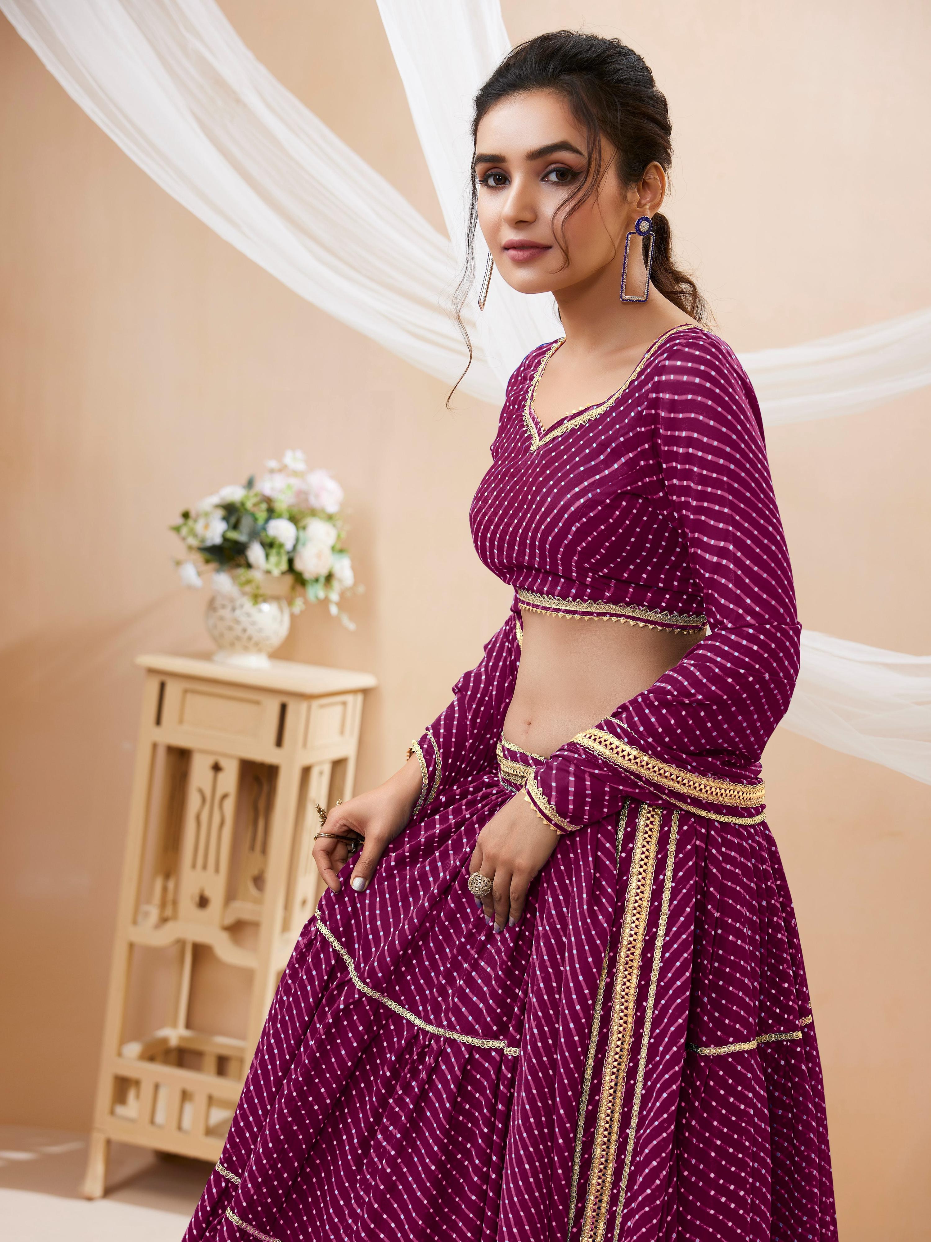 Jyoti Fashion Women's Purple Georgette Leheriya Printed with Lace Work Lehenga Choli & Dupatta - Distacart