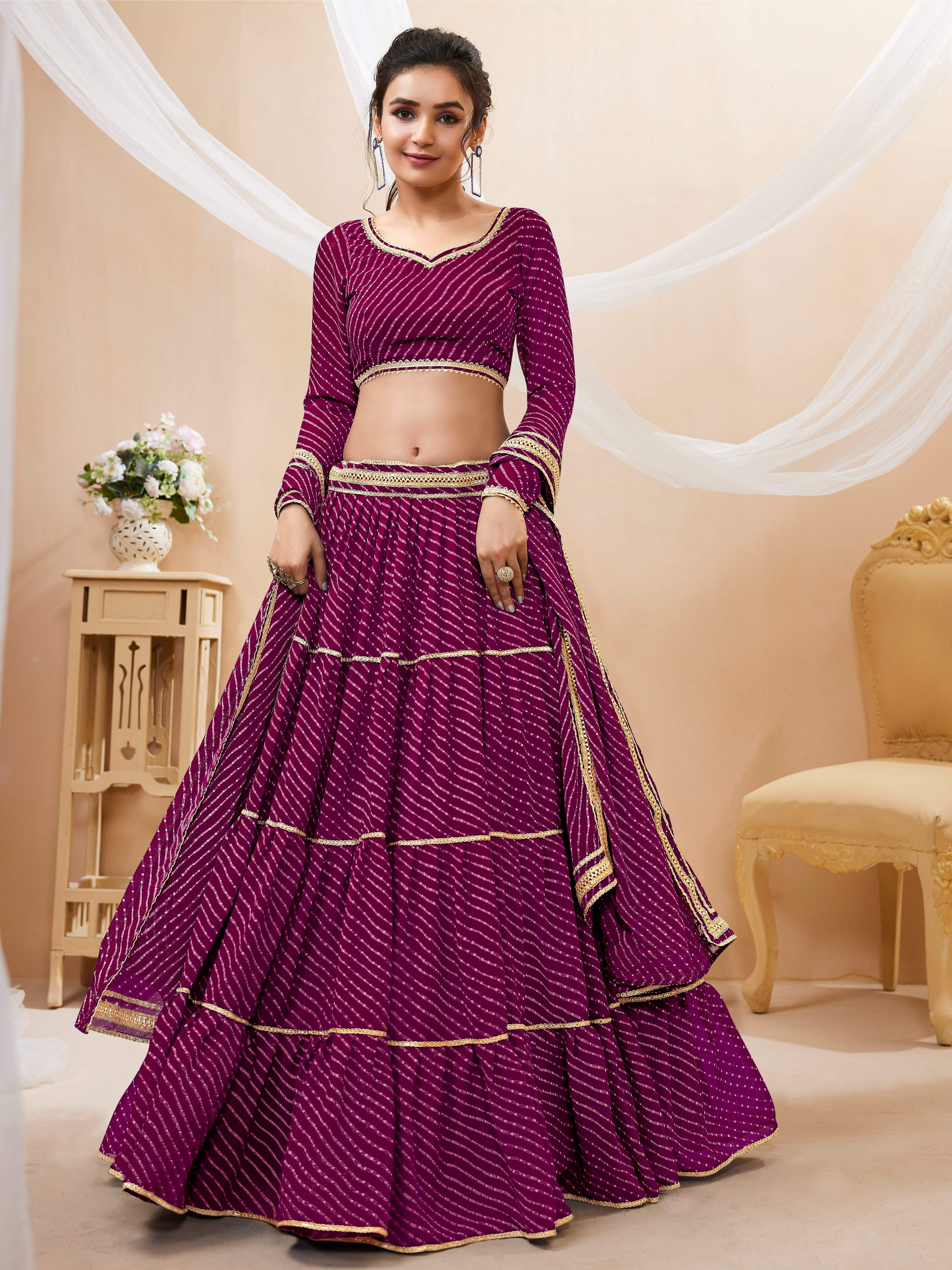 Jyoti Fashion Women's Purple Georgette Leheriya Printed with Lace Work Lehenga Choli & Dupatta - Distacart
