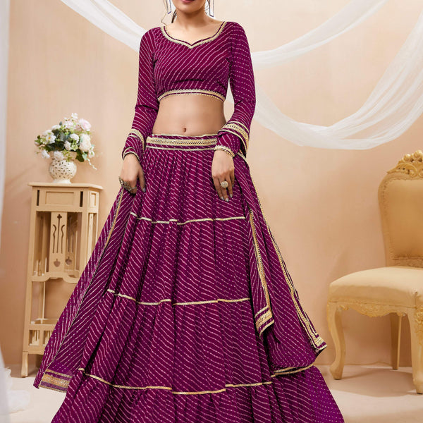 Jyoti Fashion Women's Purple Georgette Leheriya Printed with Lace Work Lehenga Choli & Dupatta - Distacart