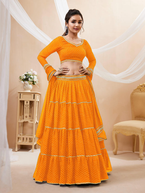 Jyoti Fashion Women's Yellow Georgette Leheriya Printed with Lace Work Lehenga Choli & Dupatta - Distacart