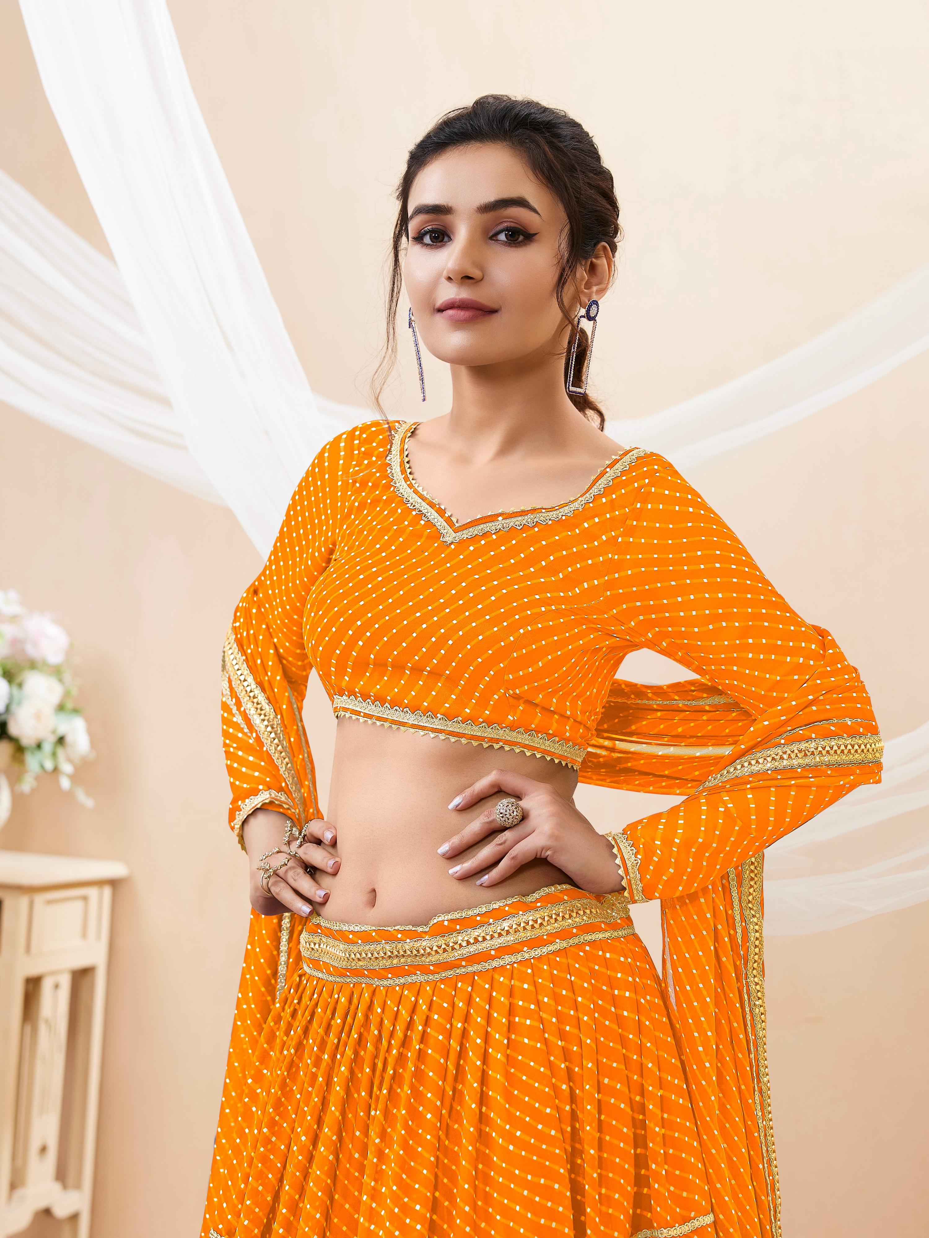 Jyoti Fashion Women's Yellow Georgette Leheriya Printed with Lace Work Lehenga Choli & Dupatta - Distacart