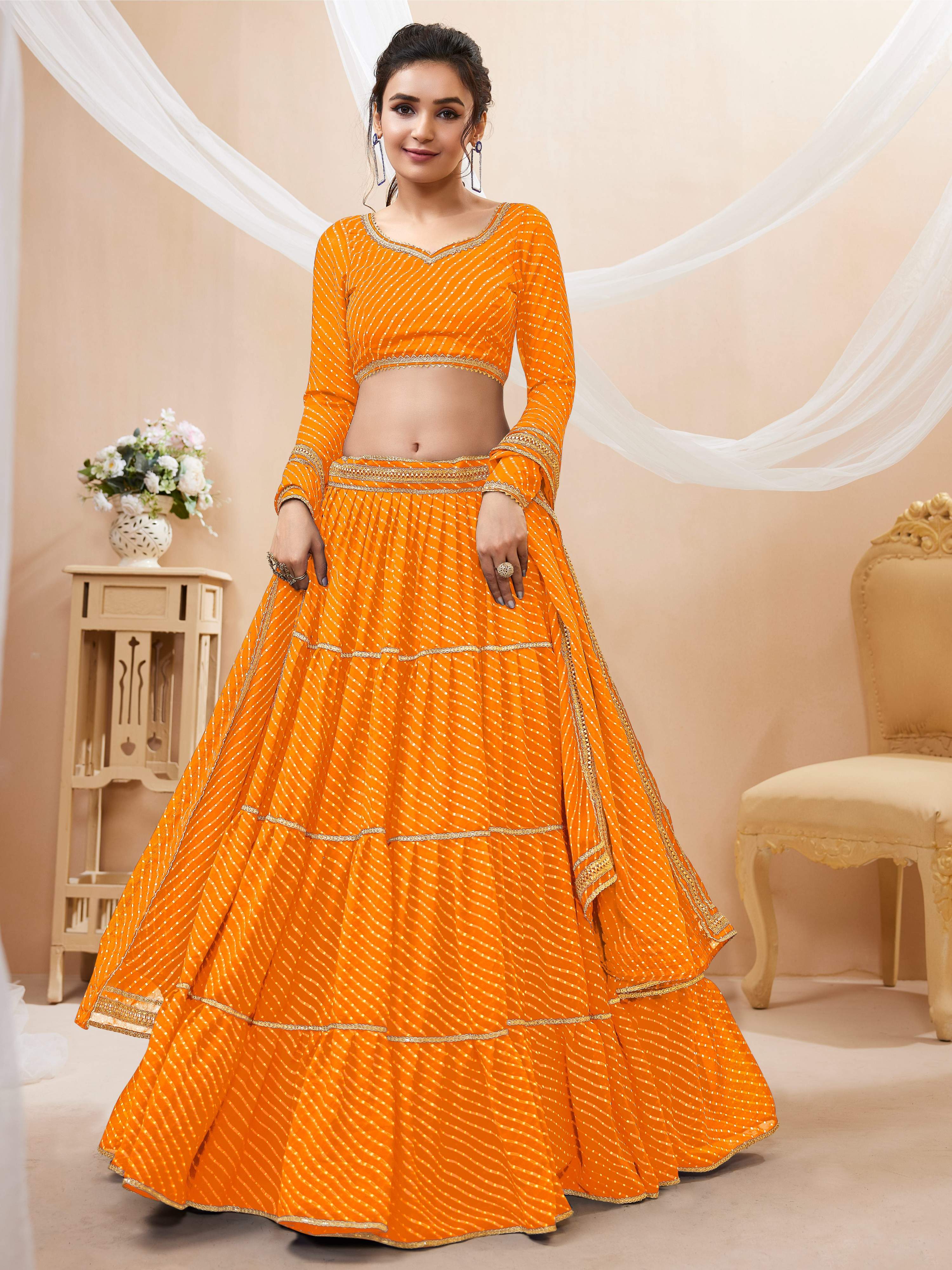 Jyoti Fashion Women's Yellow Georgette Leheriya Printed with Lace Work Lehenga Choli & Dupatta - Distacart