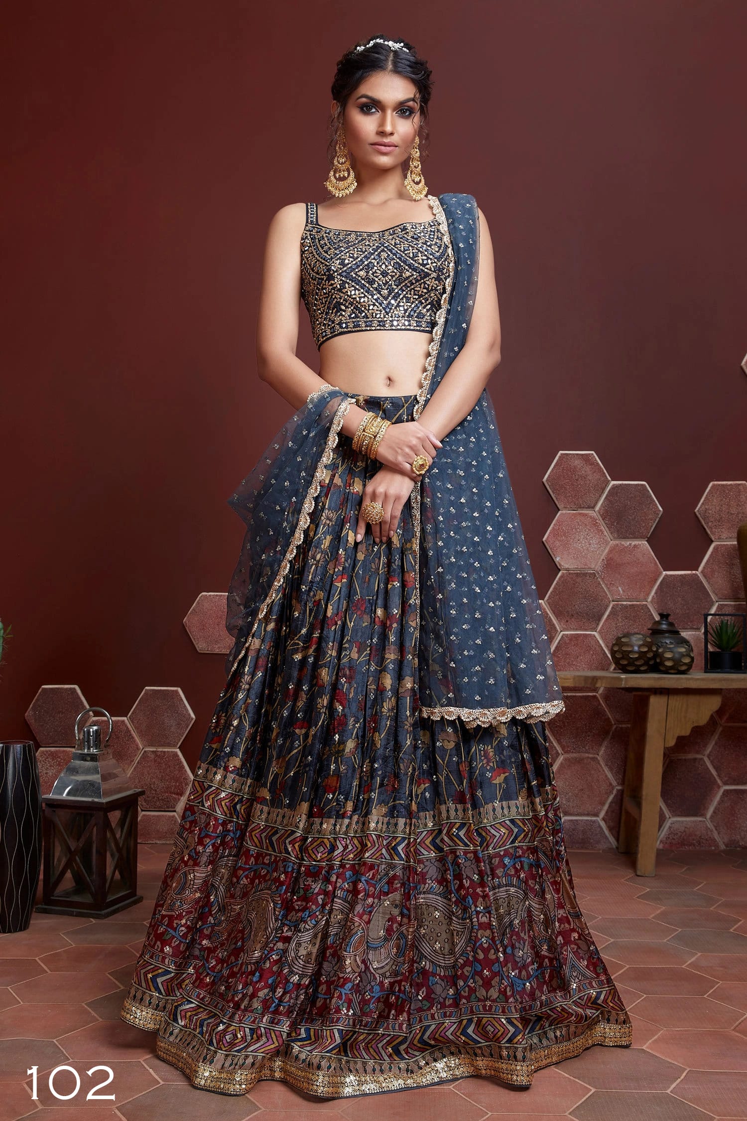 Jyoti Fashion Women's Blue Chinon Silk Digital Print with Heavy Embroidered Lehenga Choli & Dupatta - Distacart