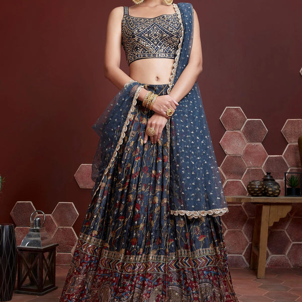 Jyoti Fashion Women's Blue Chinon Silk Digital Print with Heavy Embroidered Lehenga Choli & Dupatta - Distacart