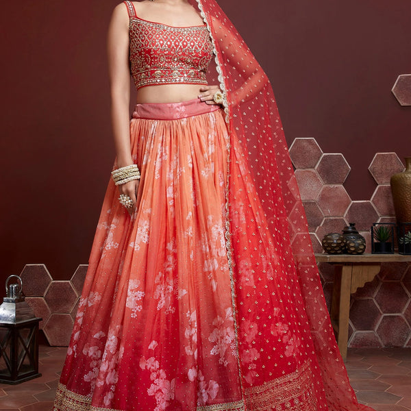Jyoti Fashion Women's Orange Organza Silk Digital Print with Heavy Embroidered Lehenga Choli & Dupatta - Distacart