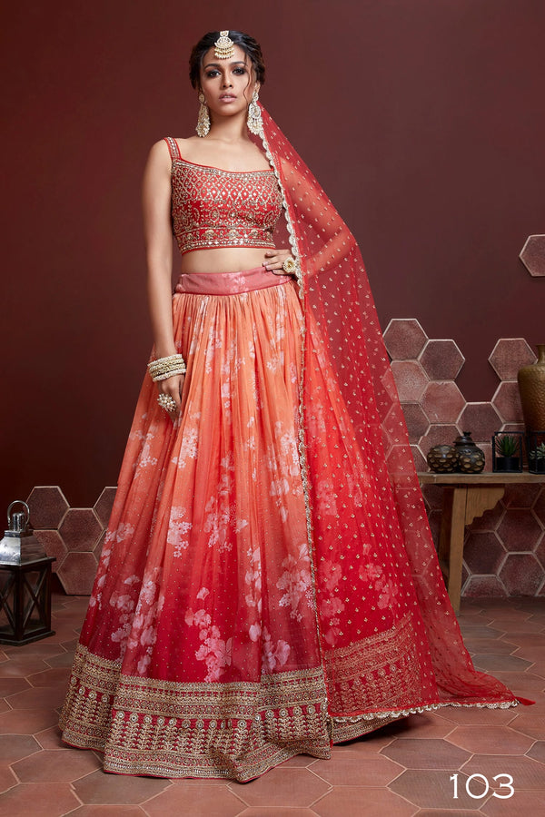 Jyoti Fashion Women's Orange Organza Silk Digital Print with Heavy Embroidered Lehenga Choli & Dupatta - Distacart