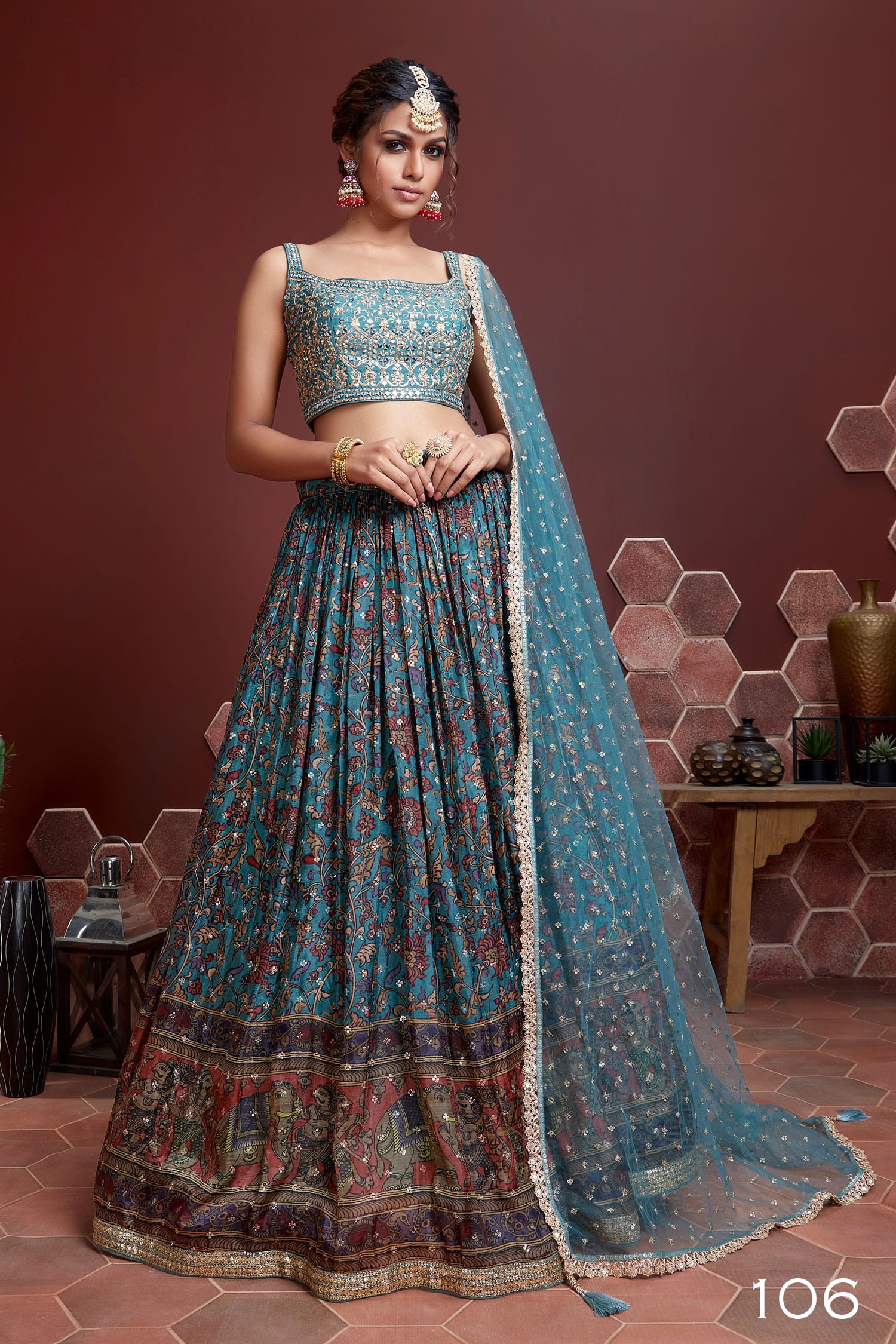 Jyoti Fashion Women's Teal Chinon Silk Digital Print with Heavy Embroidered Lehenga Choli & Dupatta - Distacart