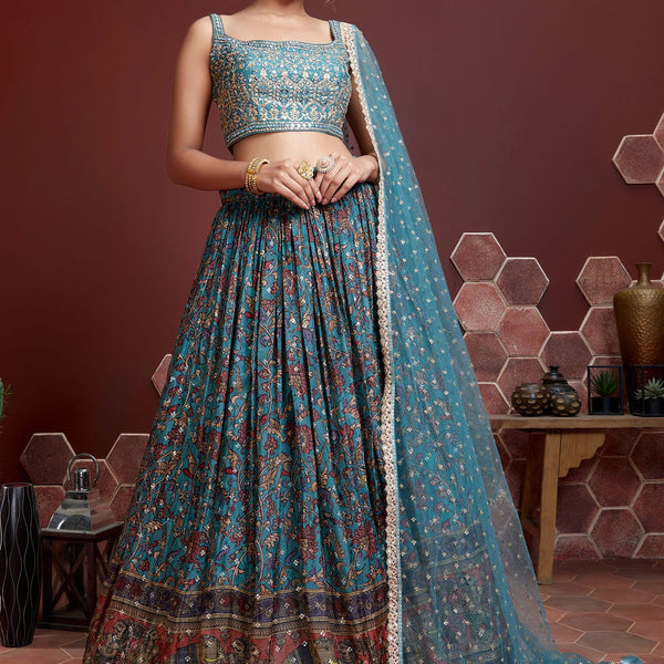 Jyoti Fashion Women's Teal Chinon Silk Digital Print with Heavy Embroidered Lehenga Choli & Dupatta - Distacart