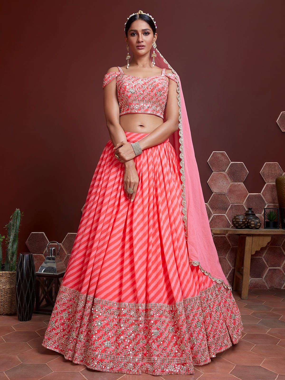 Jyoti Fashion Women's Peach Organza Silk Sequins Zari Embroidered Lehenga Choli & Dupatta - Distacart
