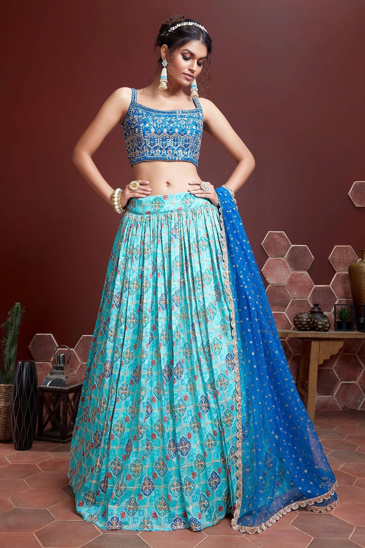 Jyoti Fashion Women's Sky Blue Pure Chinon Silk Digital Print with Heavy Embroidered Lehenga Choli & Dupatta - Distacart