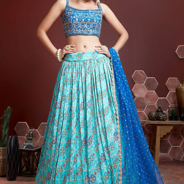 Jyoti Fashion Women's Sky Blue Pure Chinon Silk Digital Print with Heavy Embroidered Lehenga Choli & Dupatta - Distacart